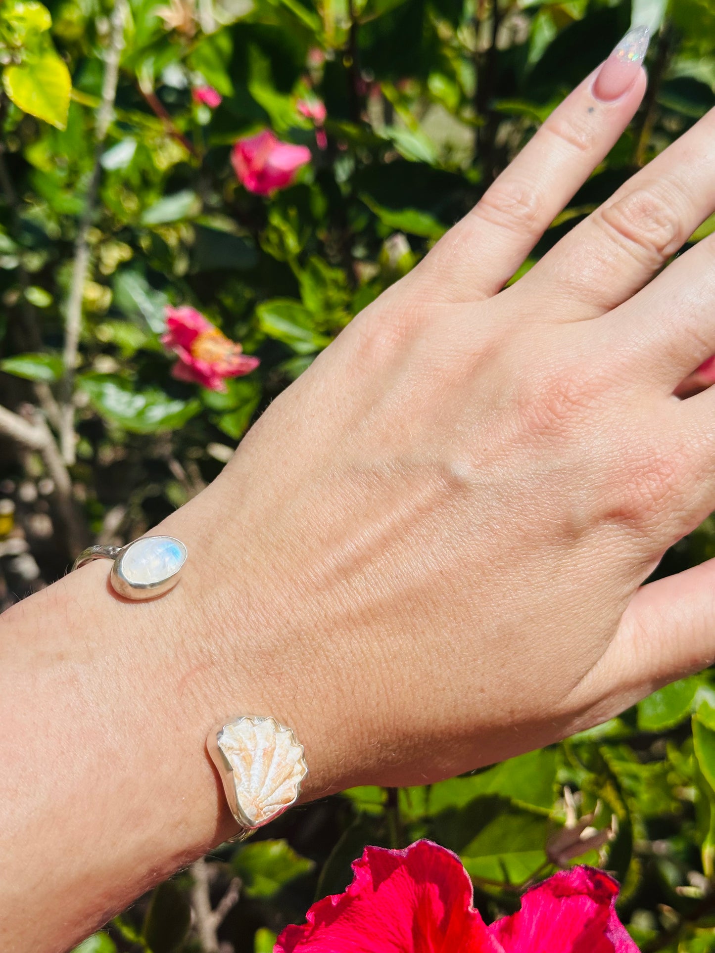 Moonstone and Cat Paw Shell Silver Cuff