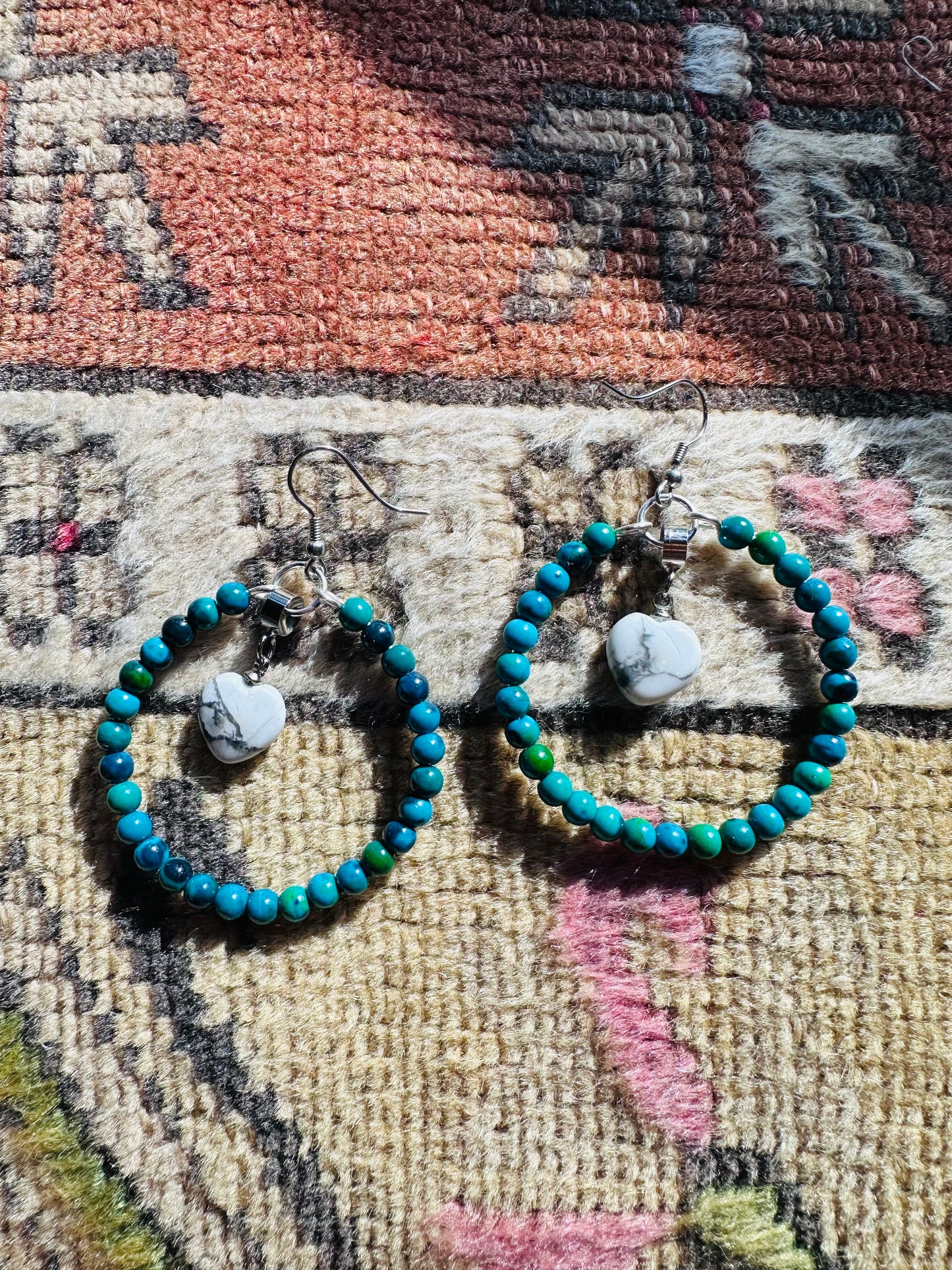 Chrysocolla and Howlite Heart Hoops