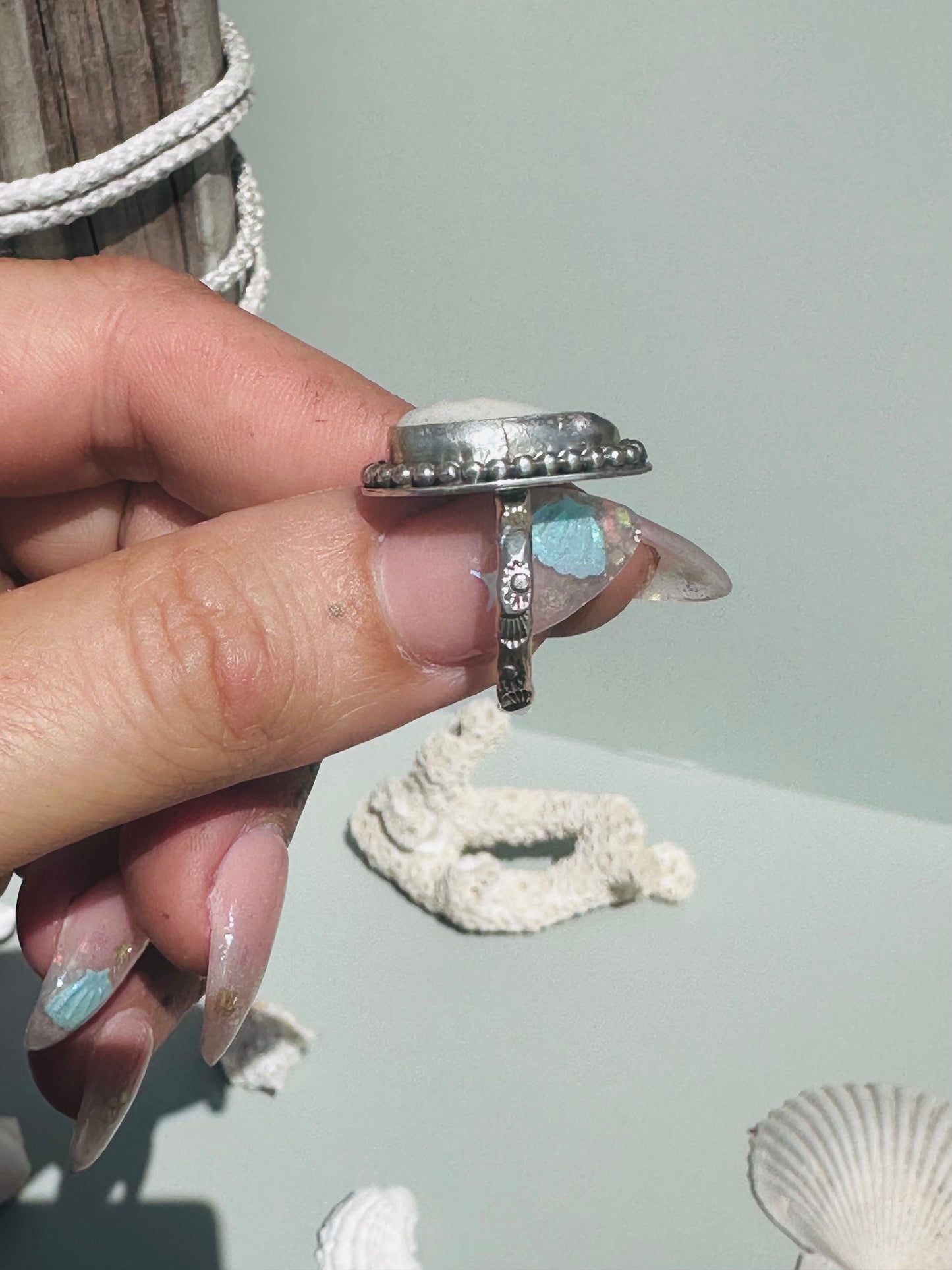 Boho Cowrie Sun Stamped Ring size 7.5
