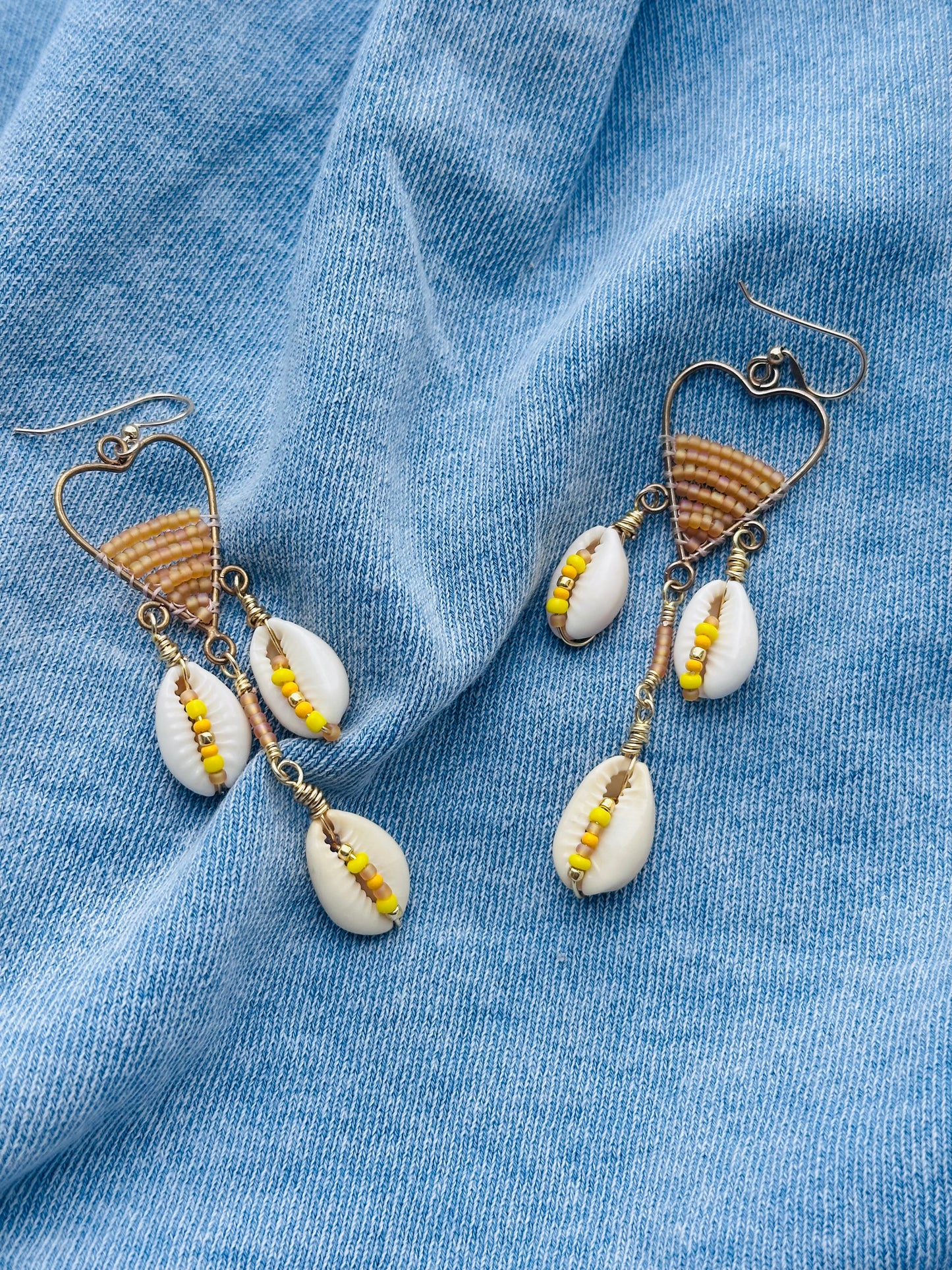 Yellow and Gold Cowrie Shell Chandelier Earrings