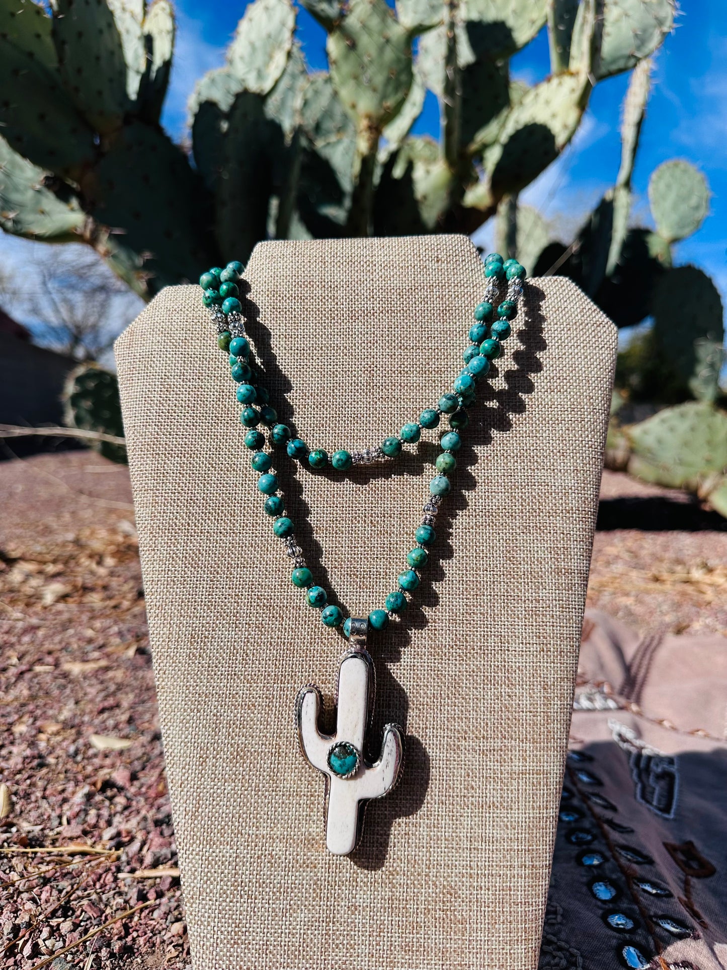 Buffalo Bone and Turquoise Cactus Pendant