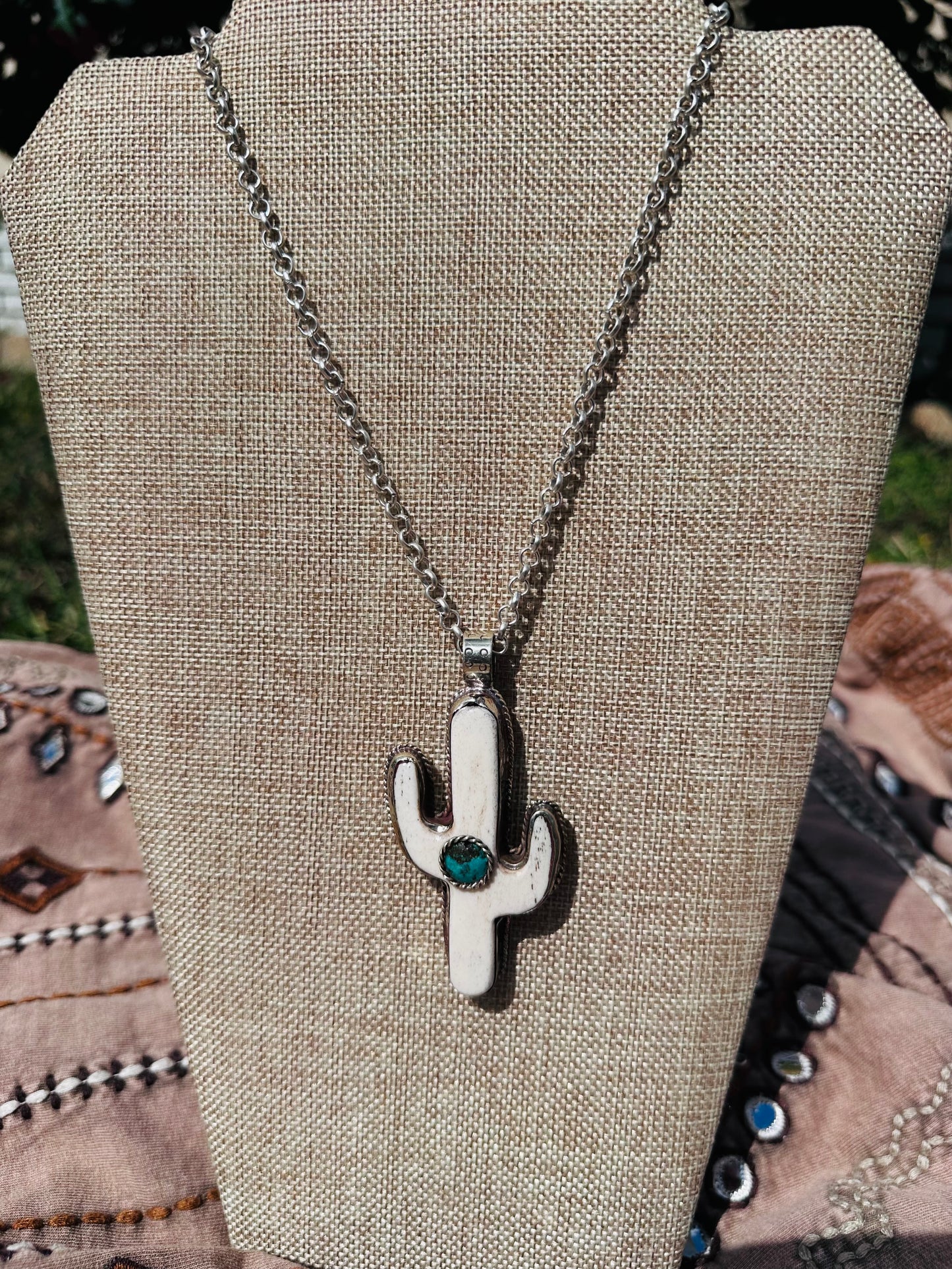 Buffalo Bone and Turquoise Cactus Pendant
