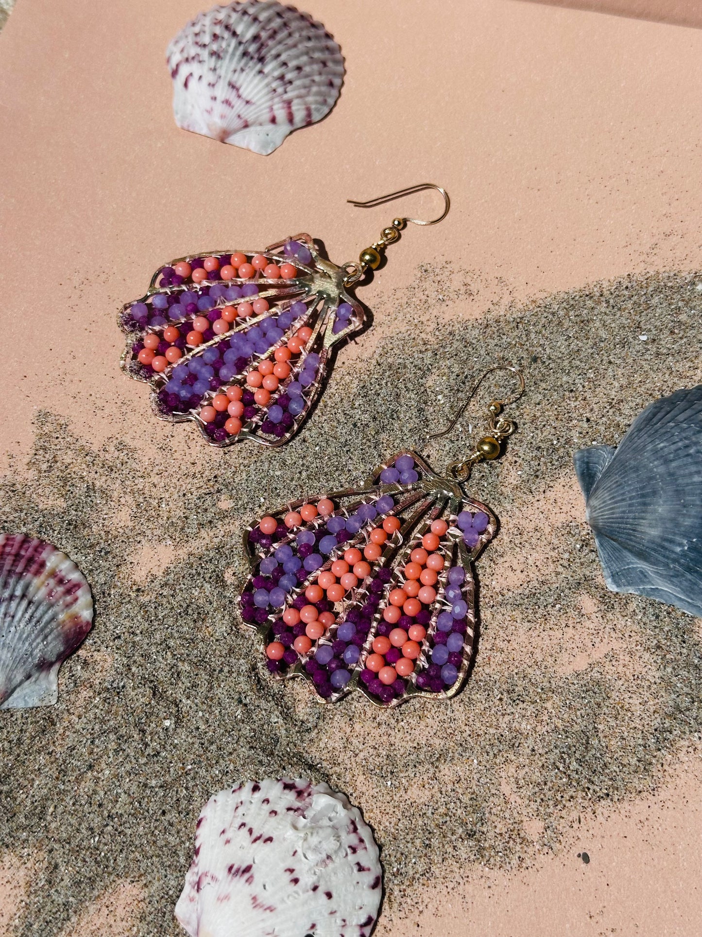 Beaded Ruby and Coral Sea Shell Earrings