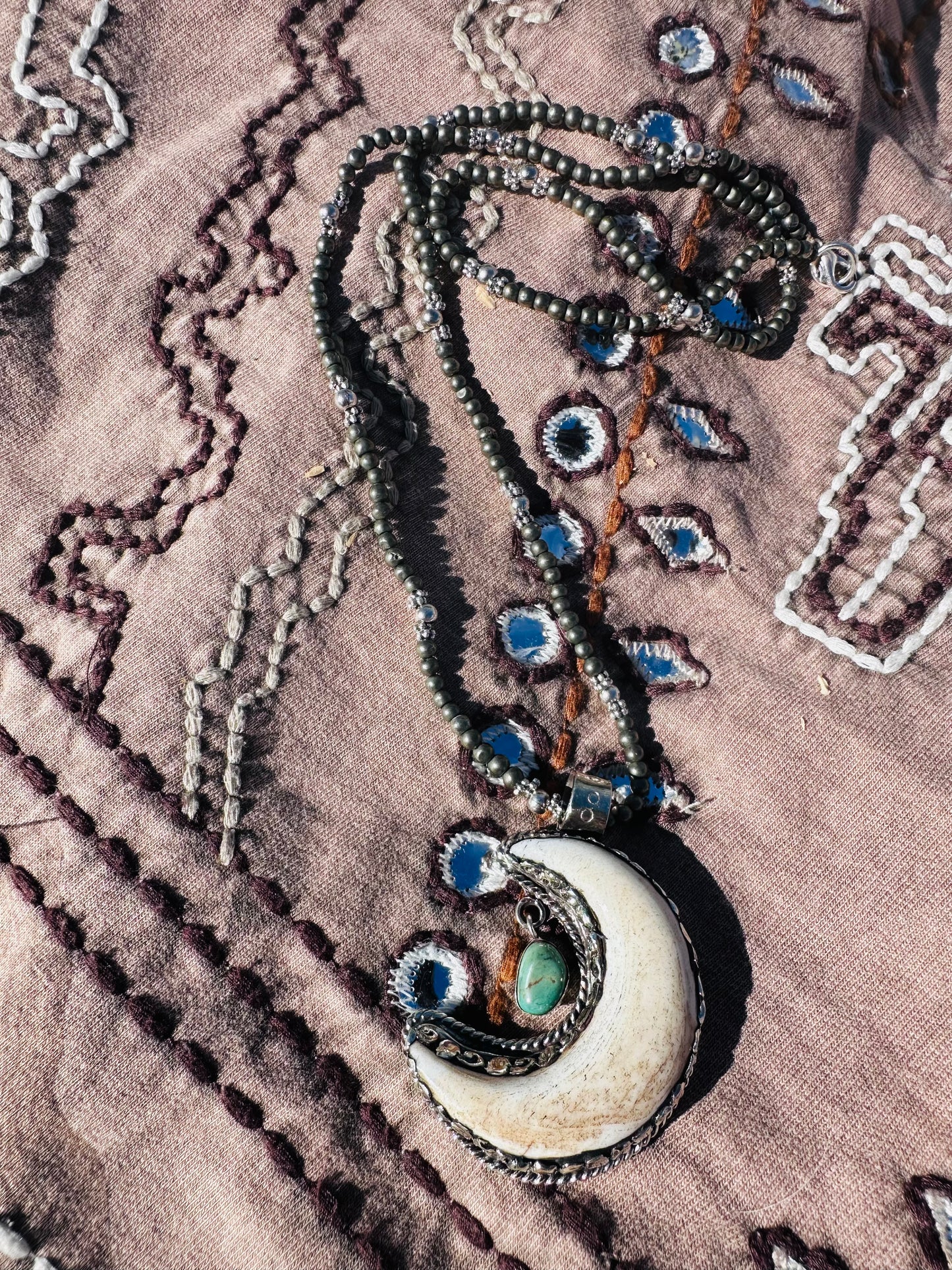 Buffalo Bone and Turquoise Moon Pendant