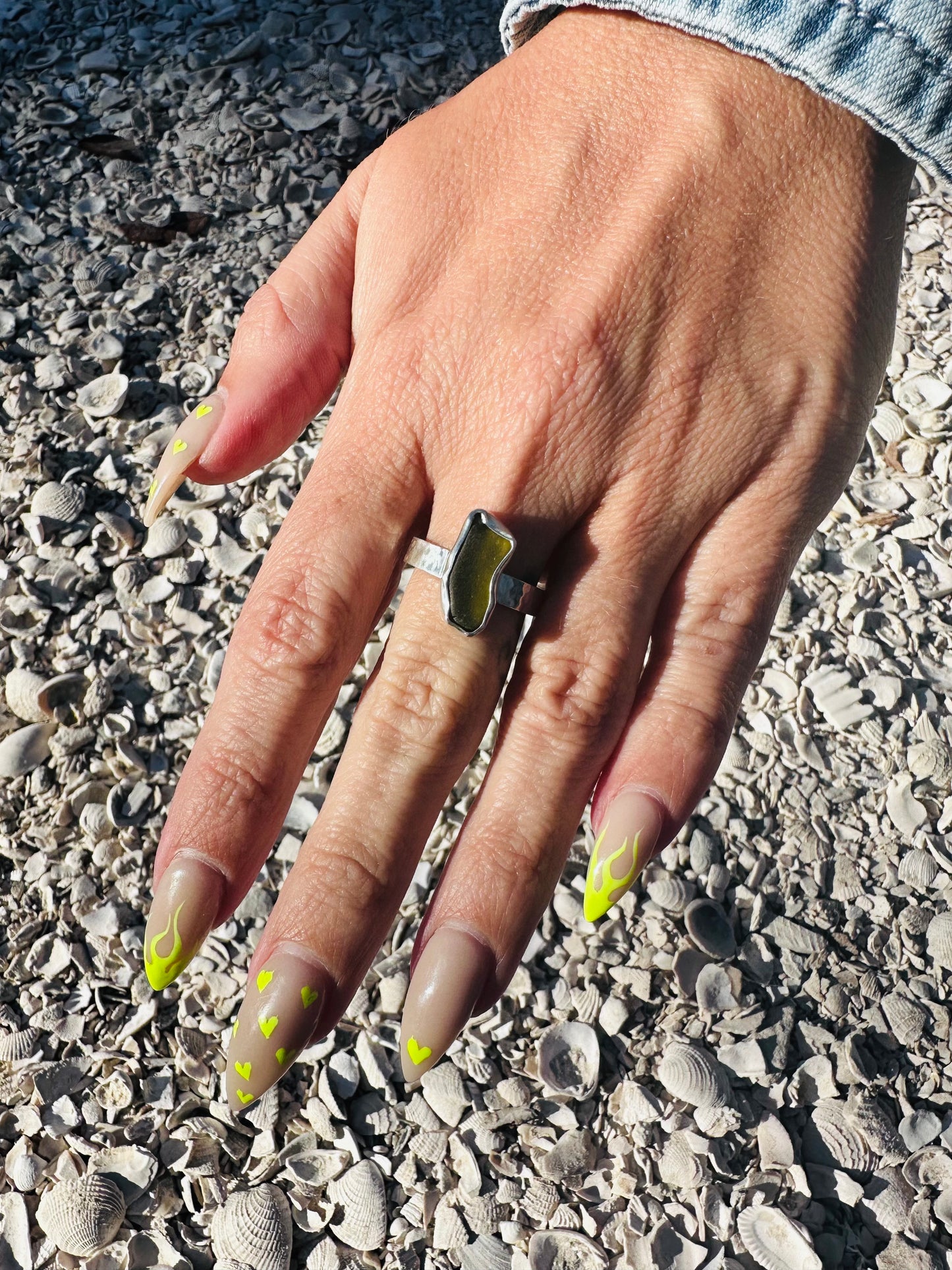 Green Sea Glass Hammered Band Ring
