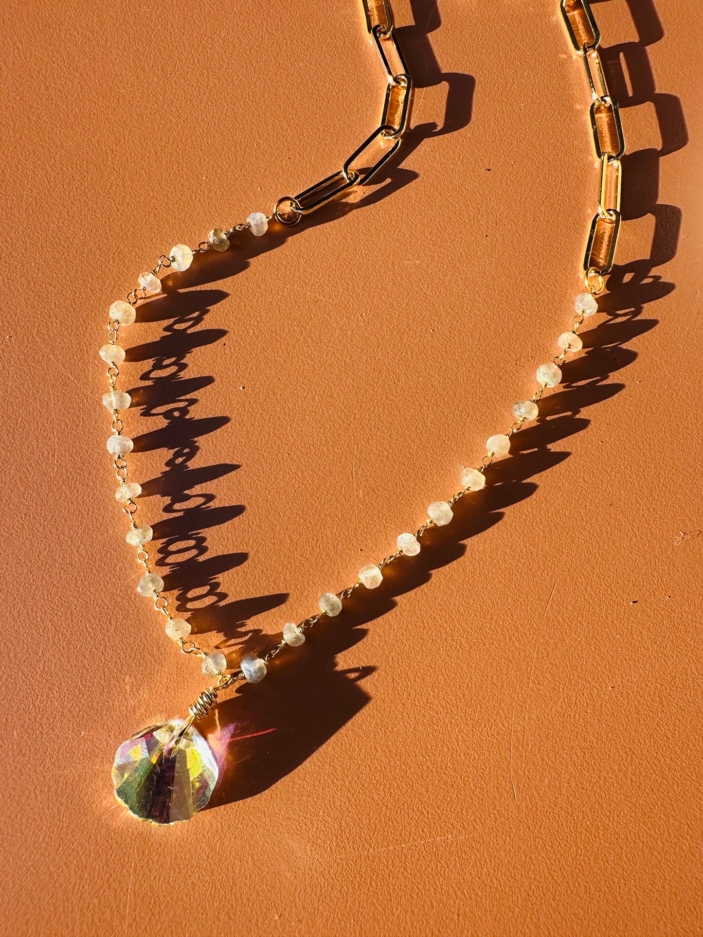 Crystal Shell Labradorite and Gold Paperclip Chain Necklace