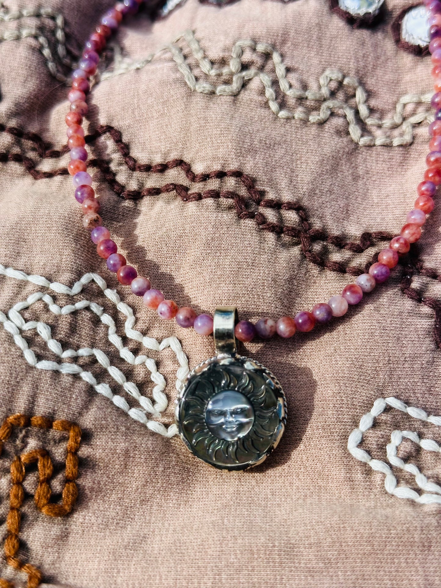 Sun Carved Shell Amethyst Necklace