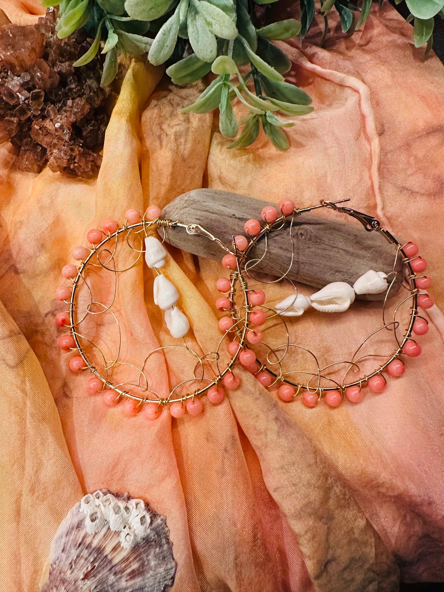 Gold Coral and Shell Hoops