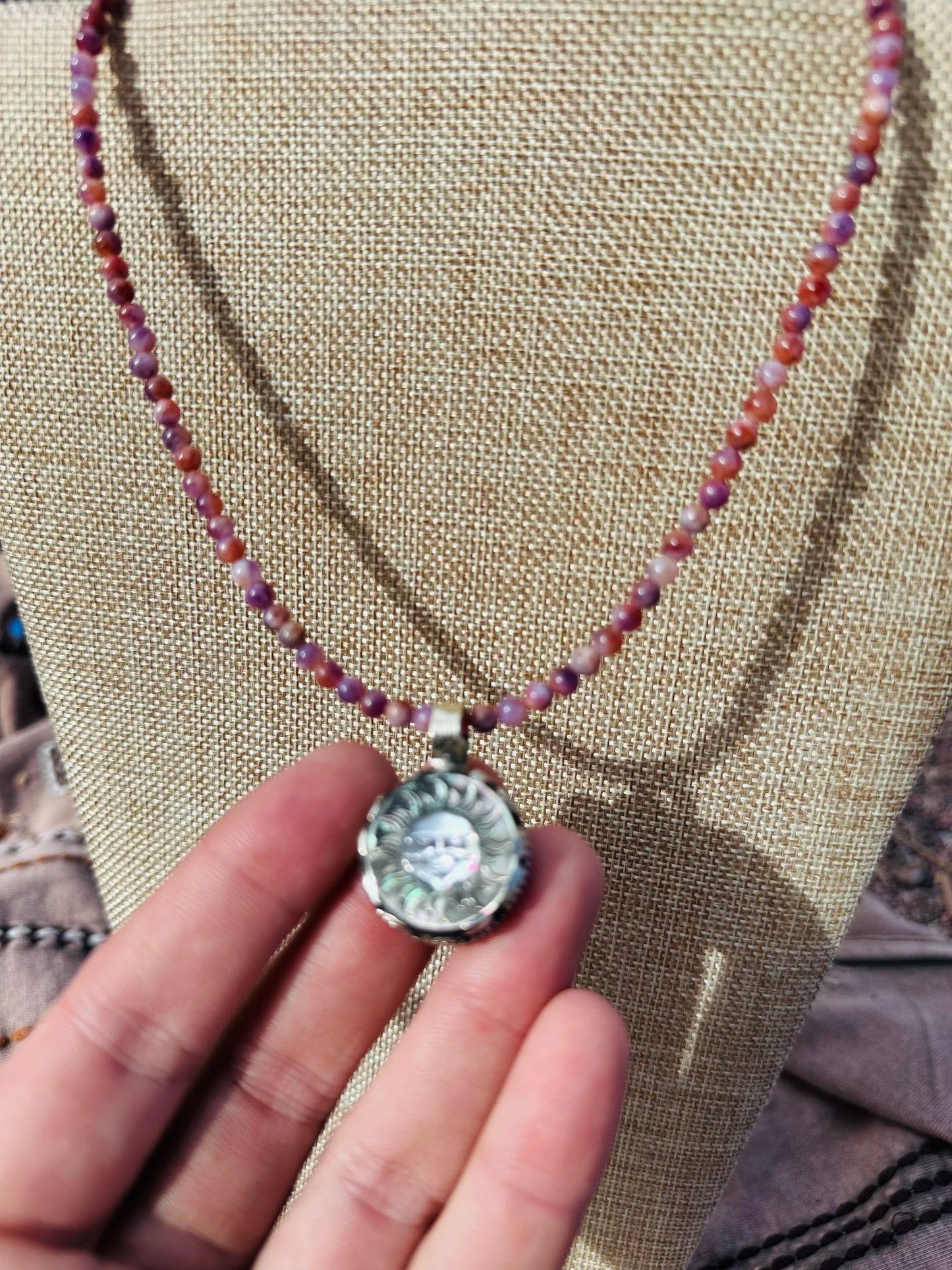 Sun Carved Shell Amethyst Necklace