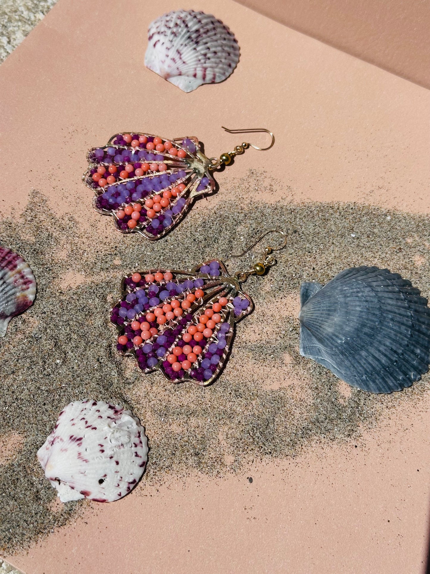 Beaded Ruby and Coral Sea Shell Earrings