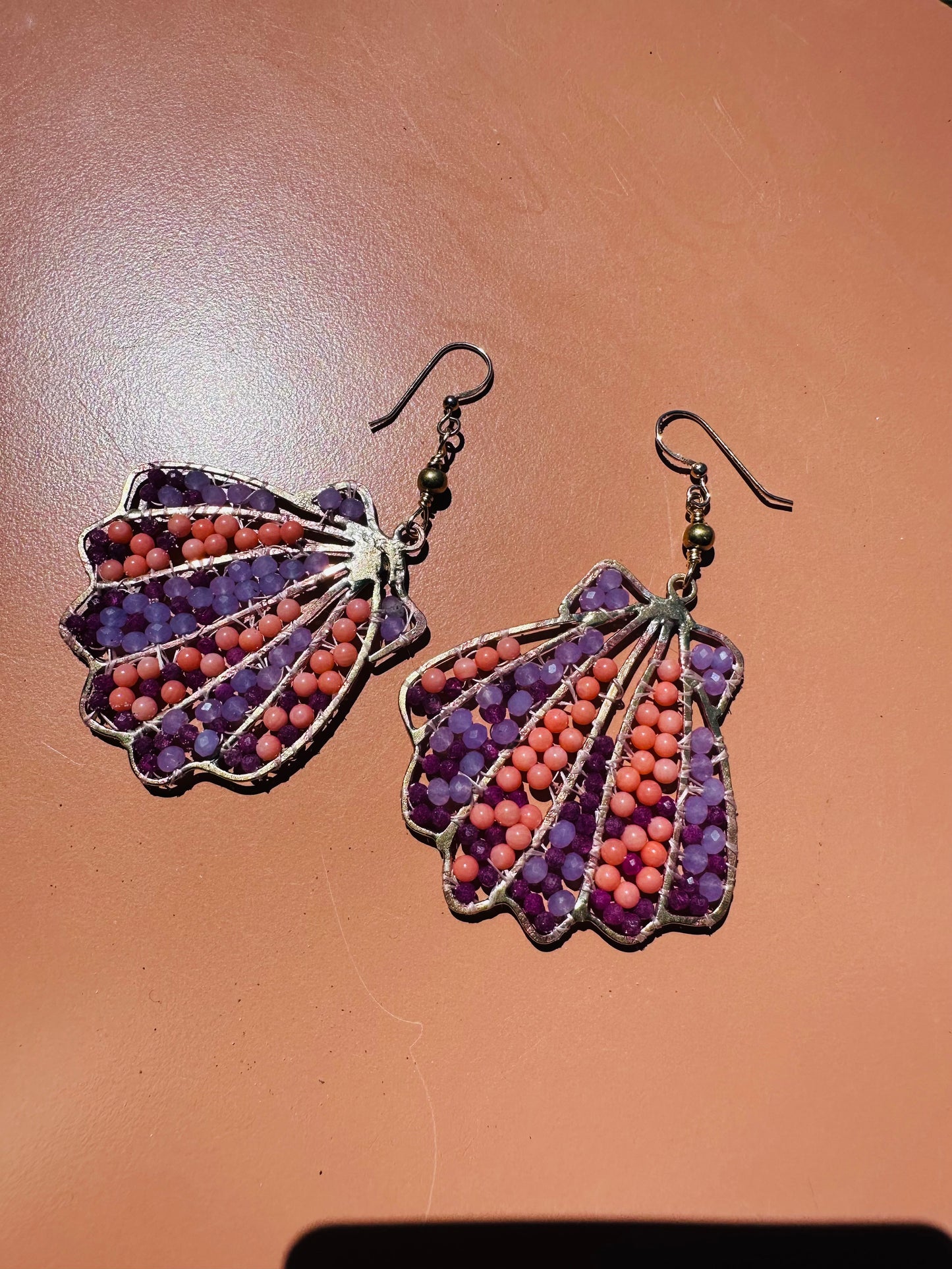Beaded Ruby and Coral Sea Shell Earrings