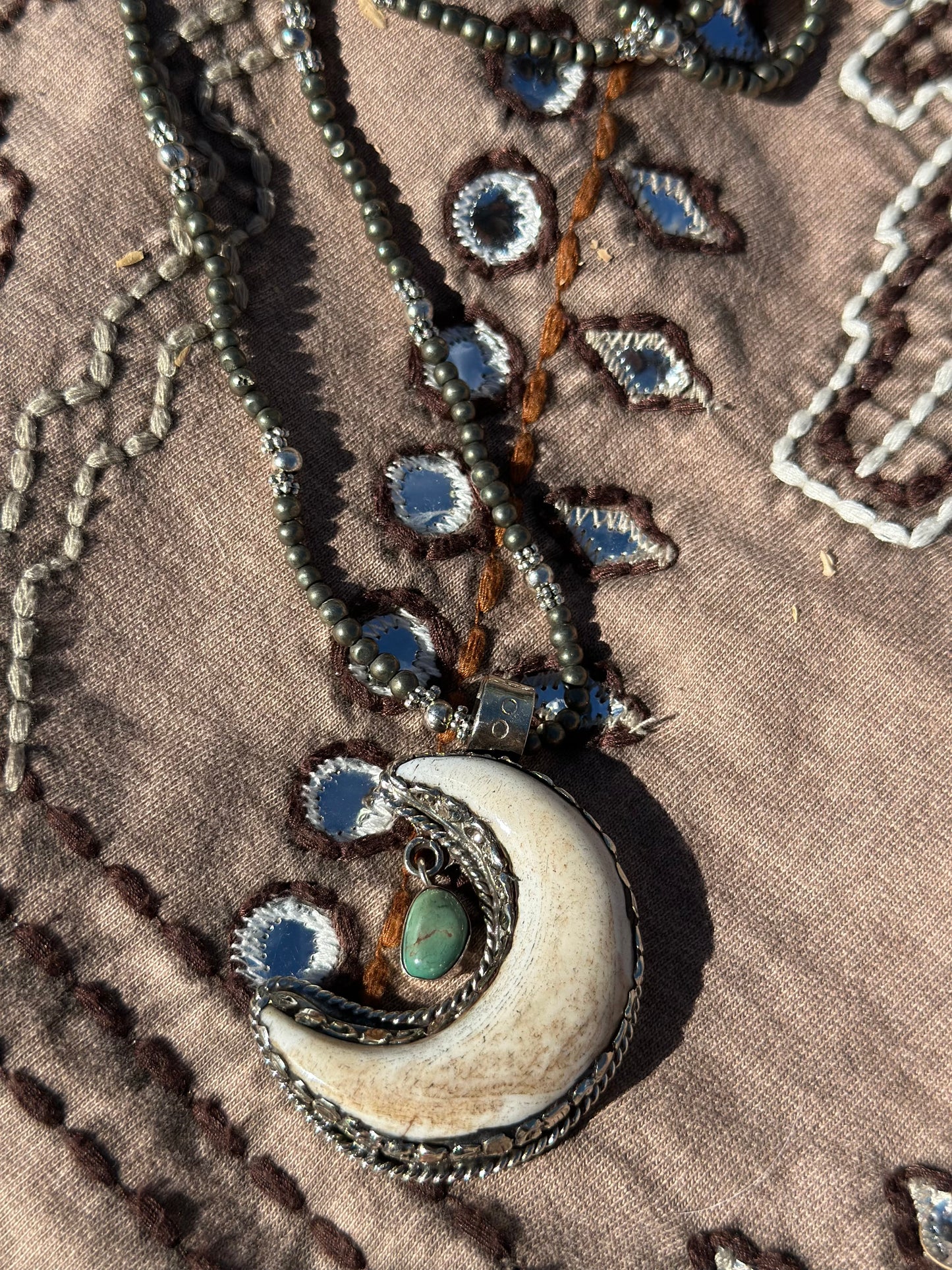 Buffalo Bone and Turquoise Moon Pendant
