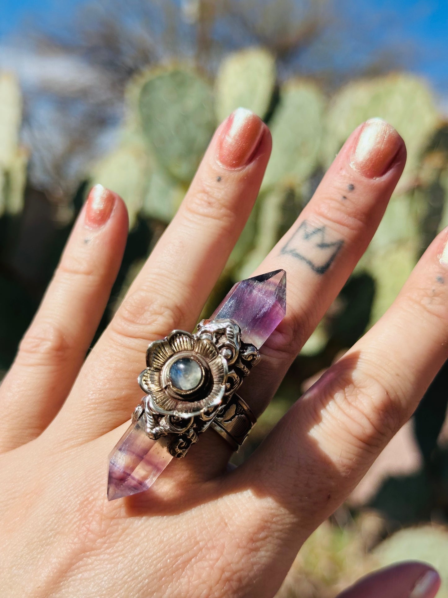 Fluorite & Labradorite Double Point Ring