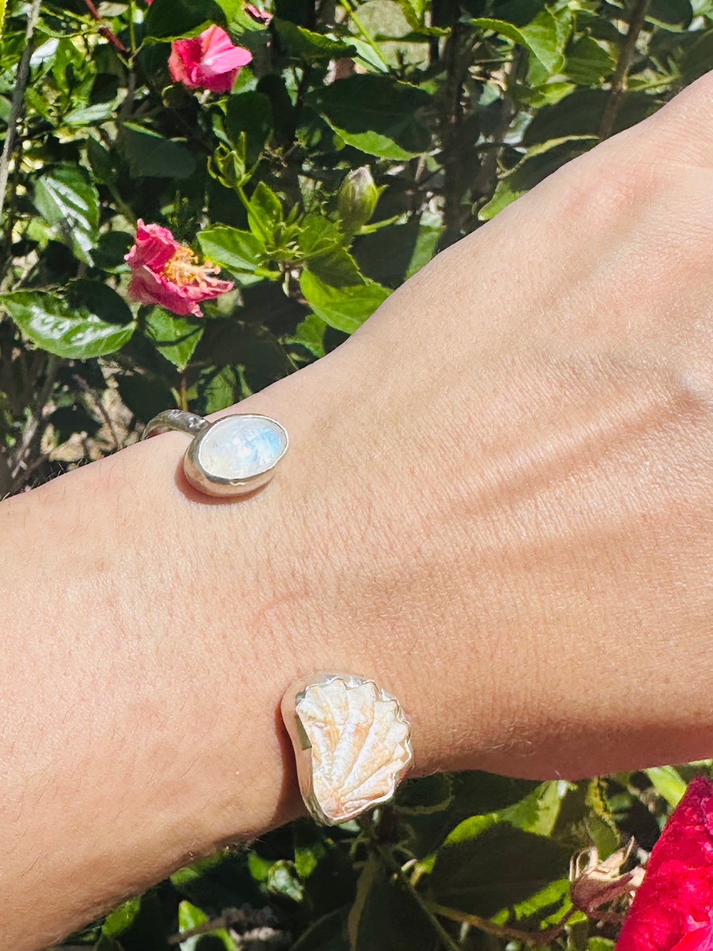 Moonstone and Cat Paw Shell Silver Cuff