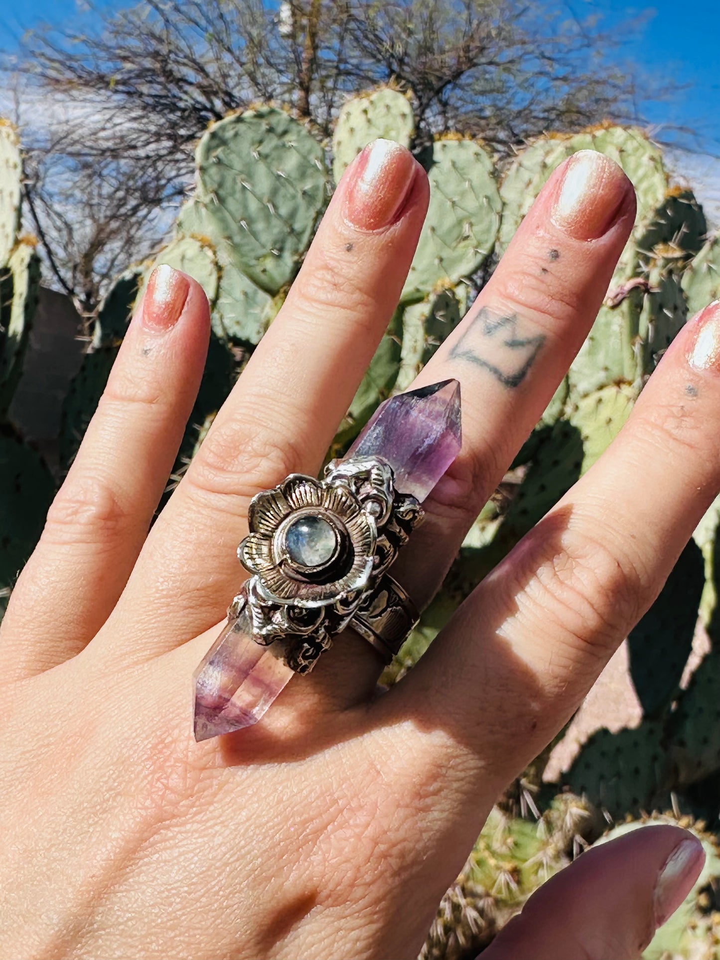Fluorite & Labradorite Double Point Ring