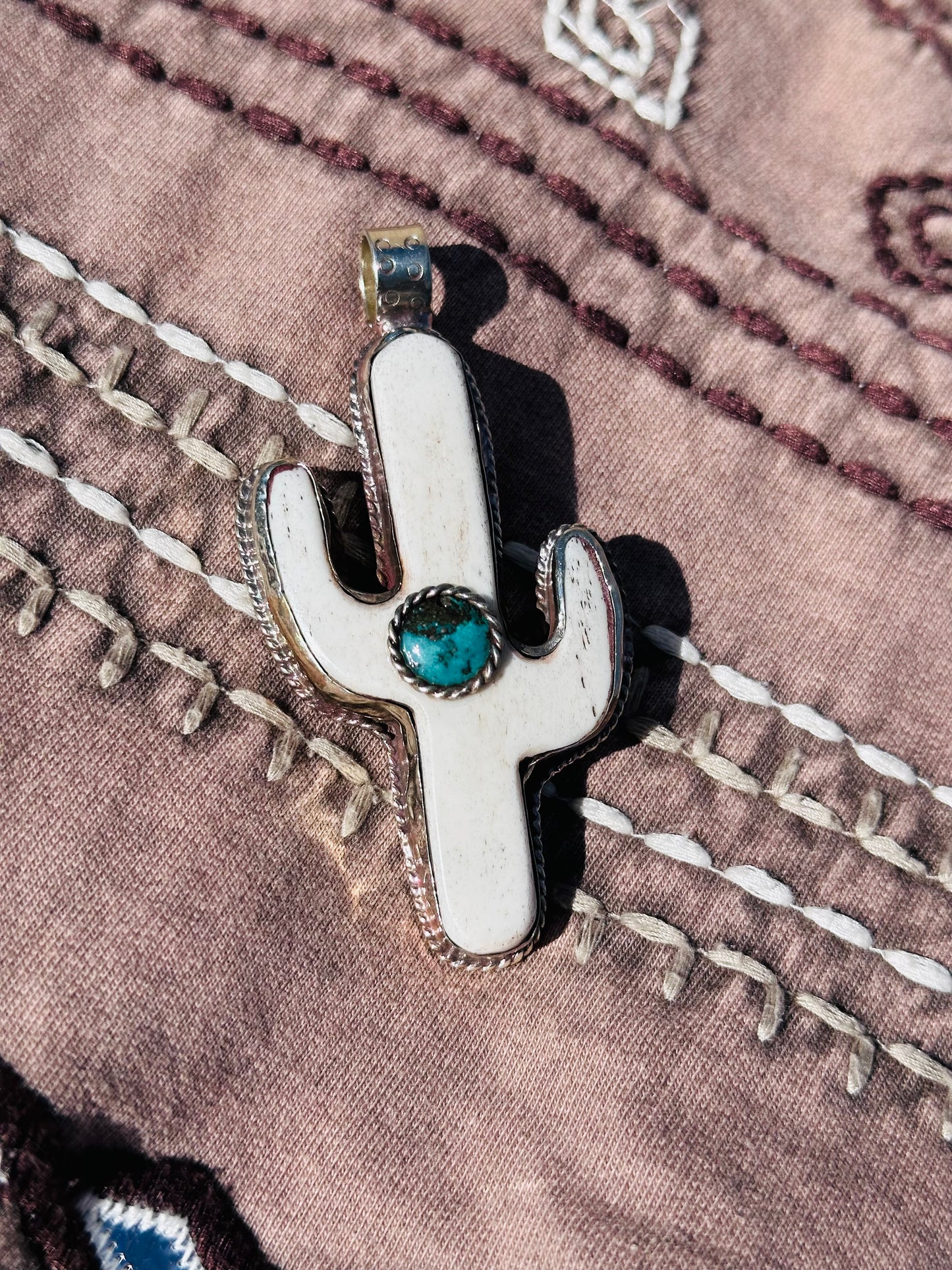 Buffalo Bone and Turquoise Cactus Pendant