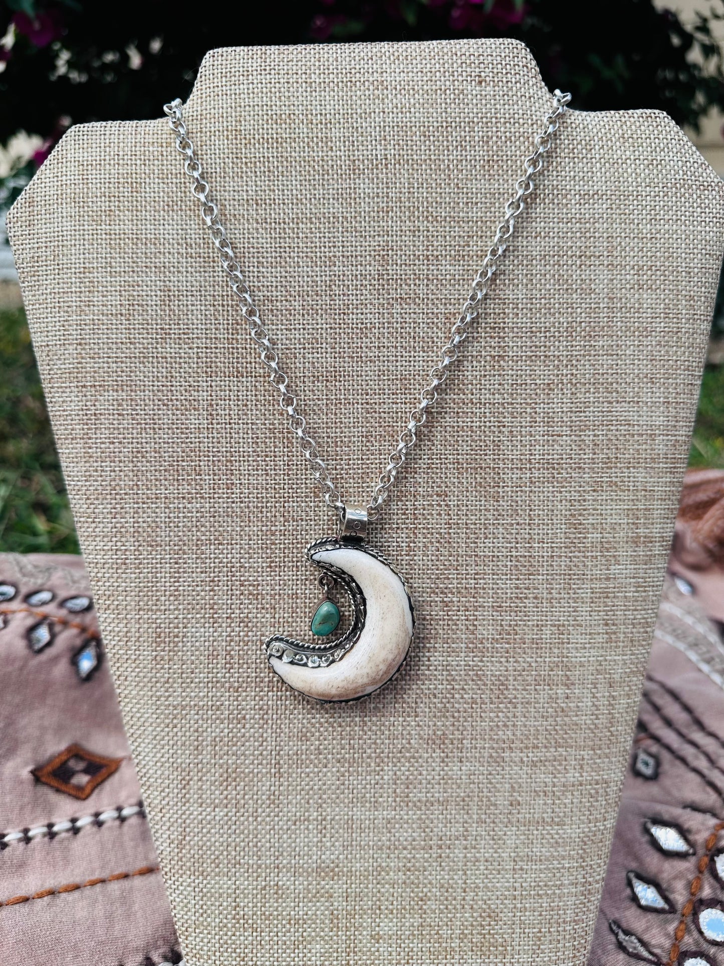 Buffalo Bone and Turquoise Moon Pendant