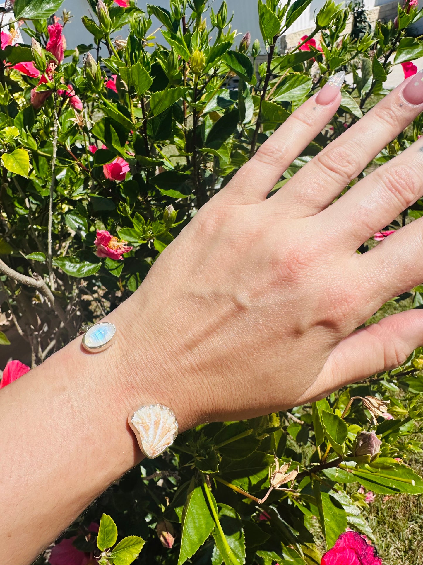 Moonstone and Cat Paw Shell Silver Cuff