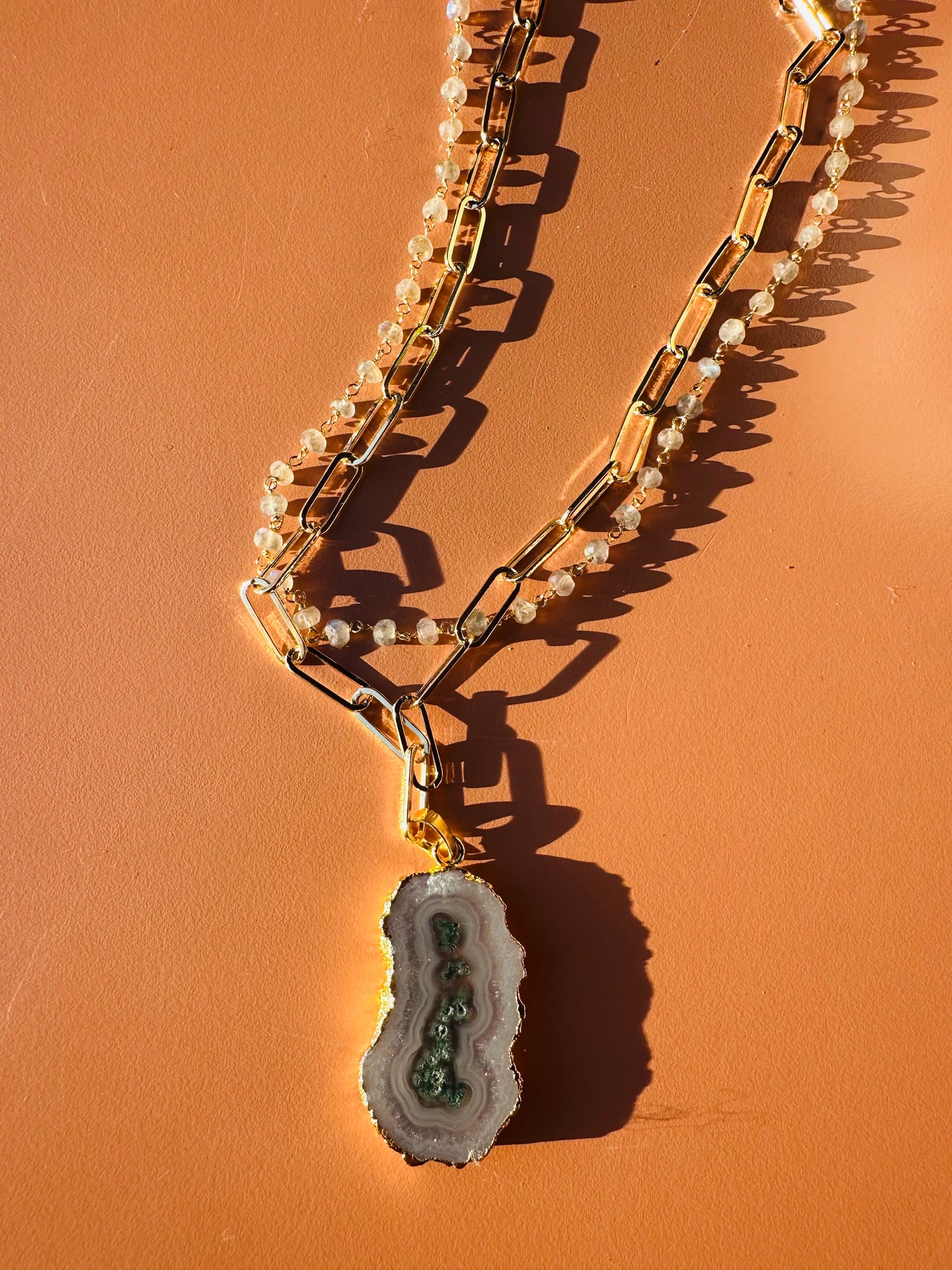 Labradorite and Gold Paperclip Necklace with Agate Pendant