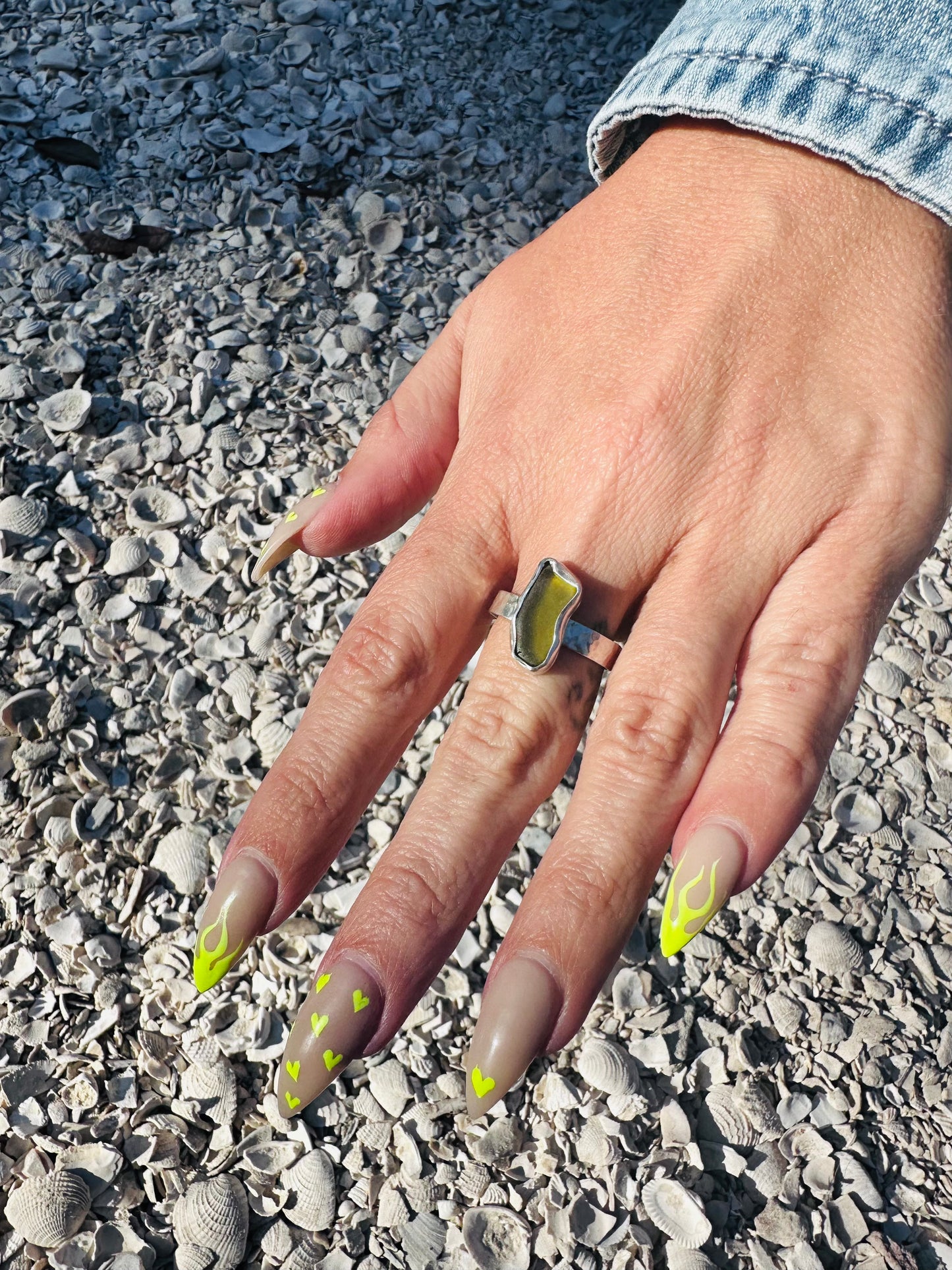Green Sea Glass Hammered Band Ring