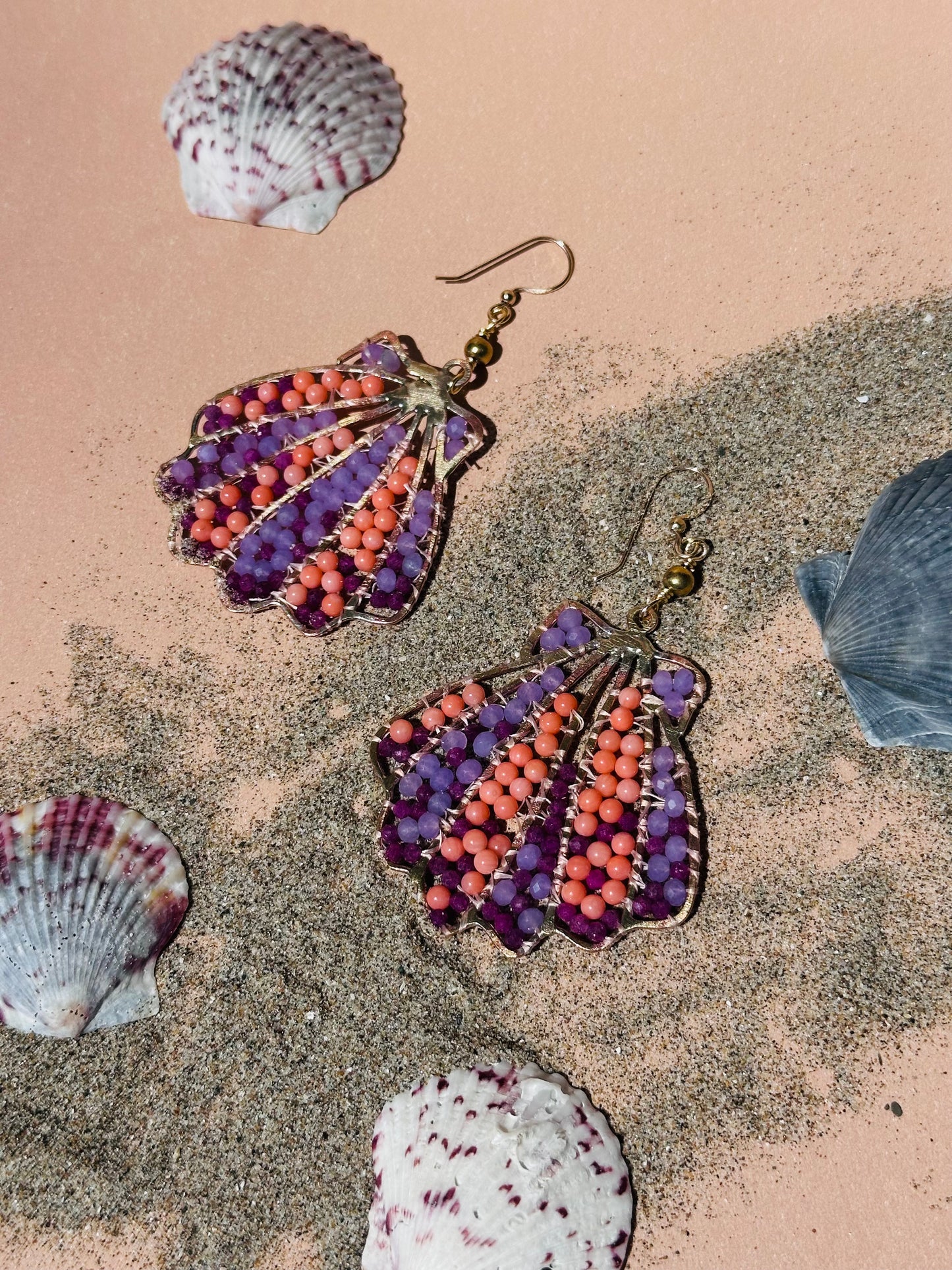 Beaded Ruby and Coral Sea Shell Earrings