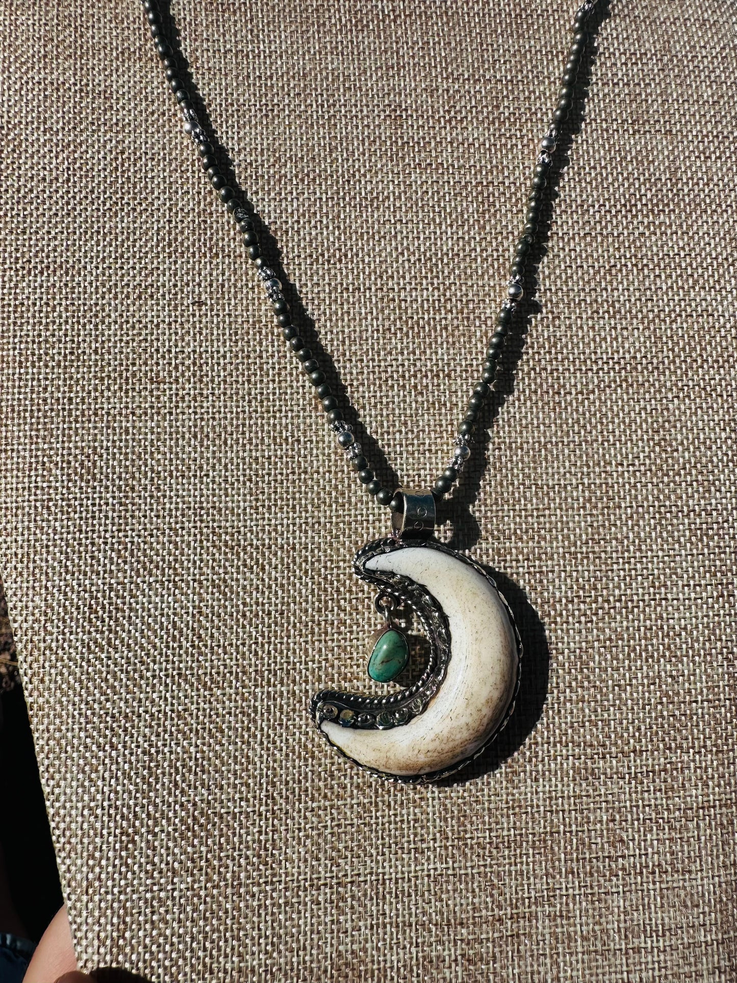 Buffalo Bone and Turquoise Moon Pendant