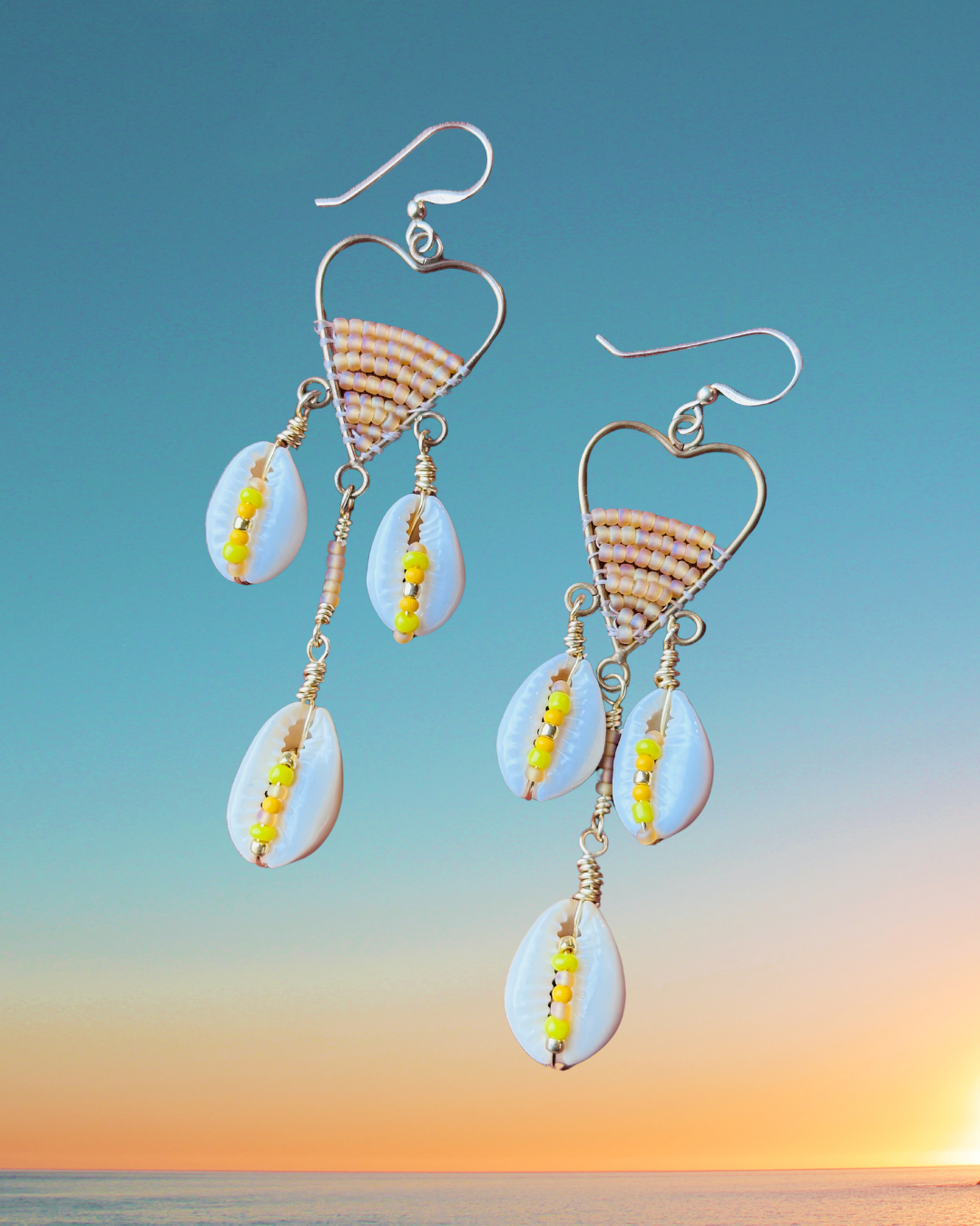 Yellow and Gold Cowrie Shell Chandelier Earrings