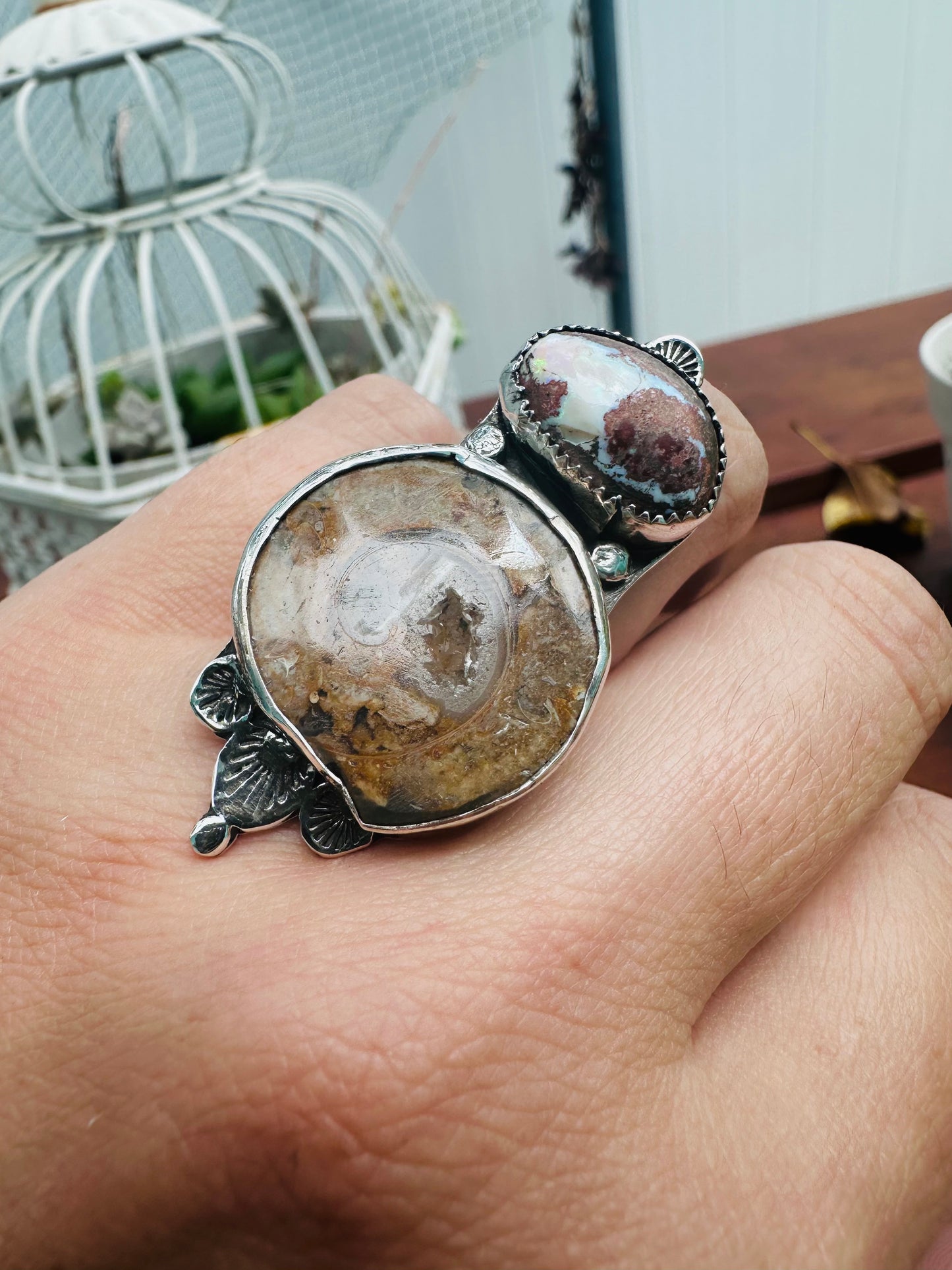 Boho Sterling Silver Statement Ring with Fossilized Druzy & Mexican Opal – Size 7