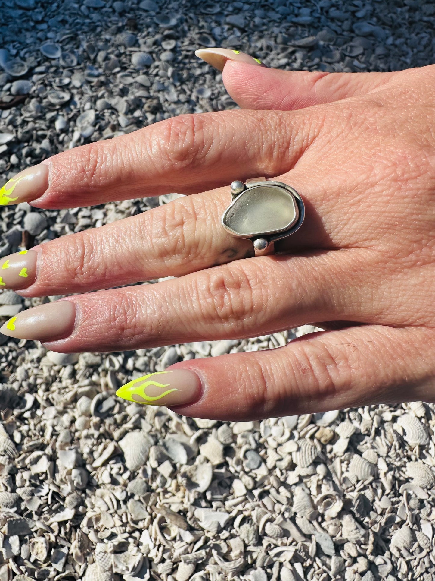 Silver Hammered Clear Sea Glass Ring π