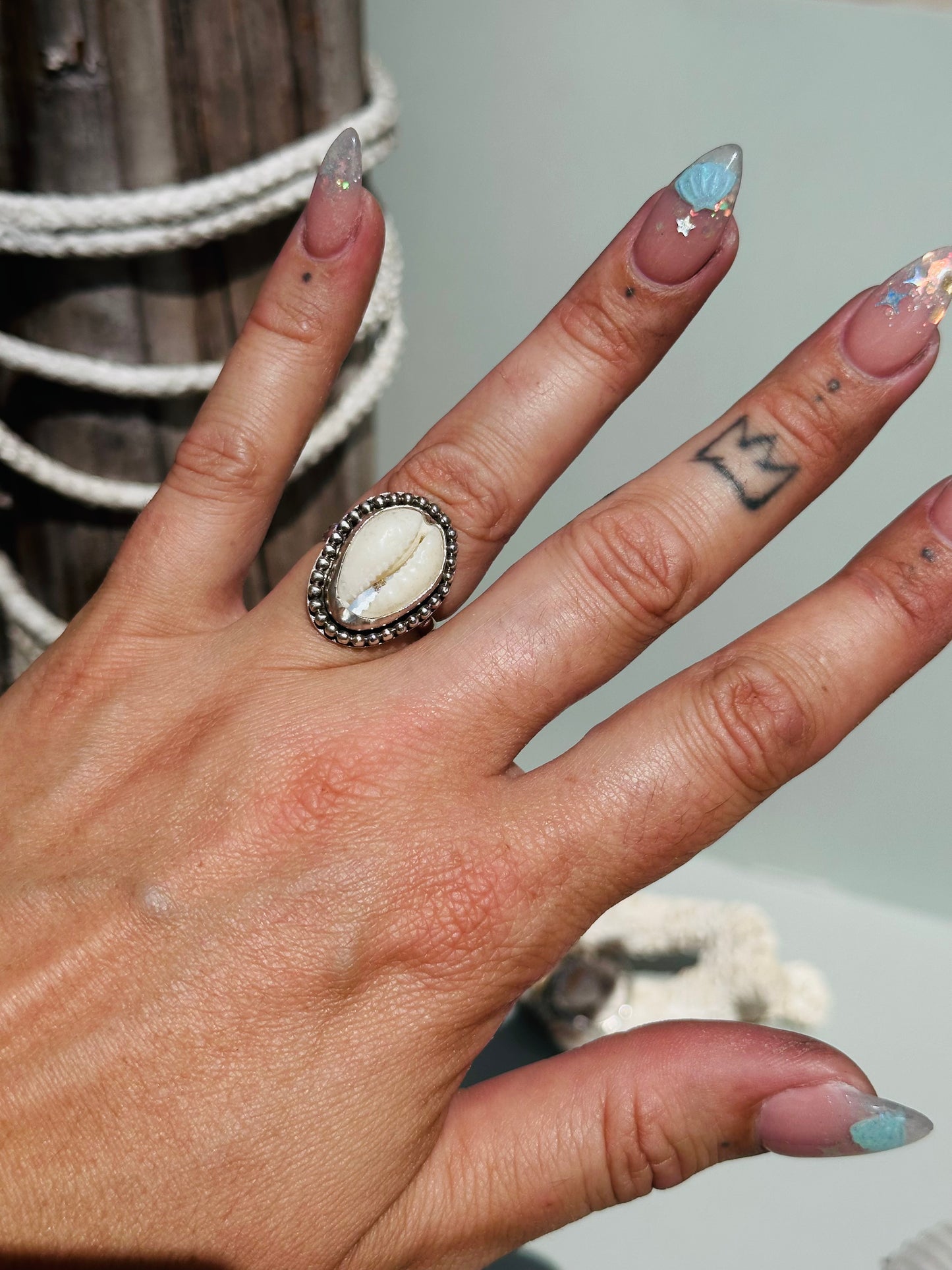 Boho Cowrie Sun Stamped Ring size 7.5