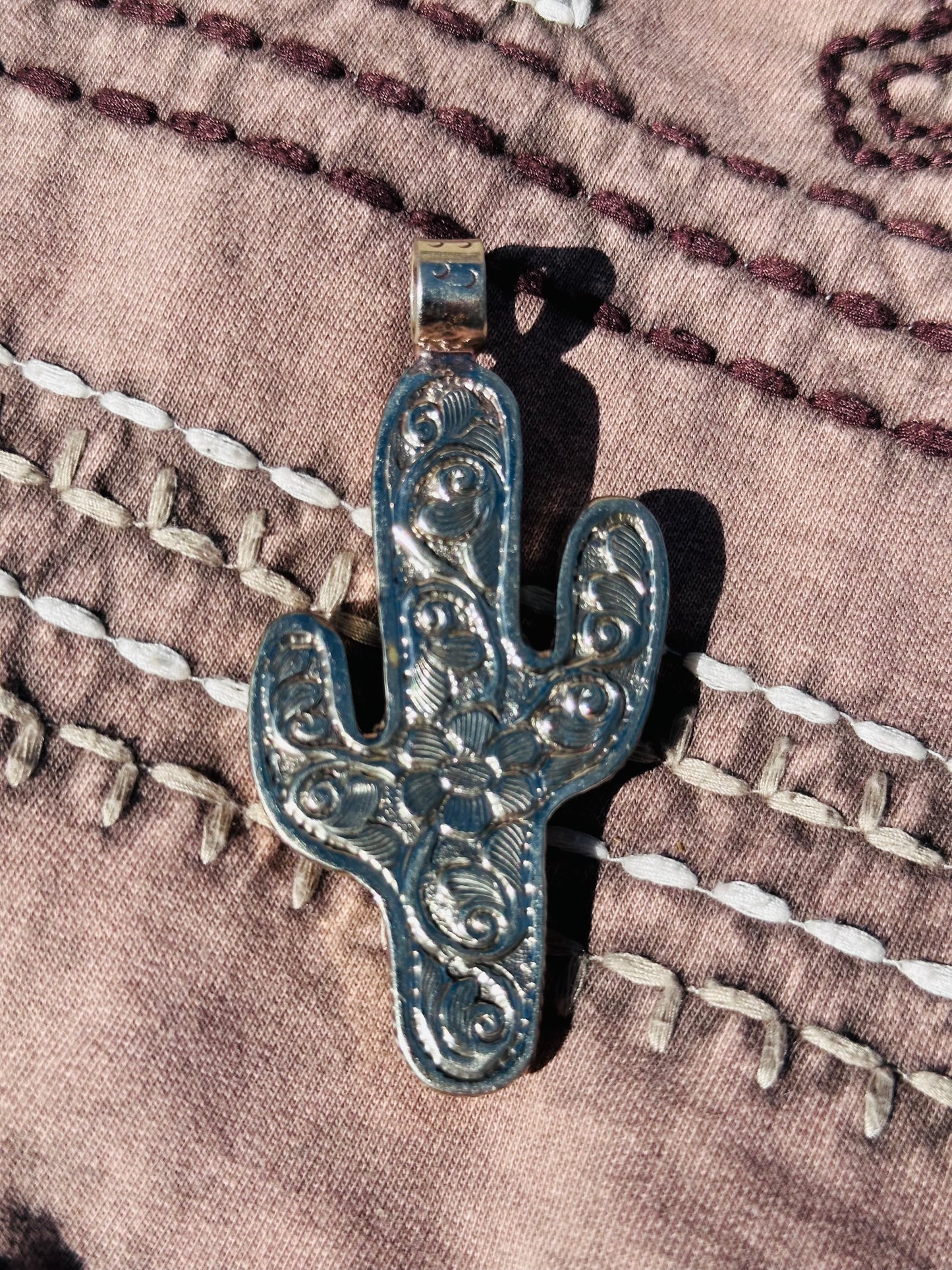 Buffalo Bone and Turquoise Cactus Pendant