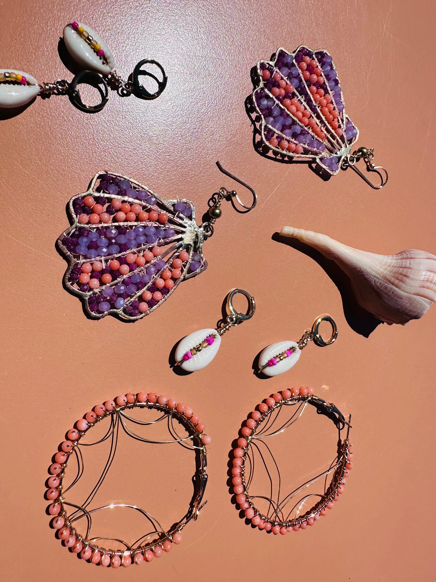 Beaded Ruby and Coral Sea Shell Earrings