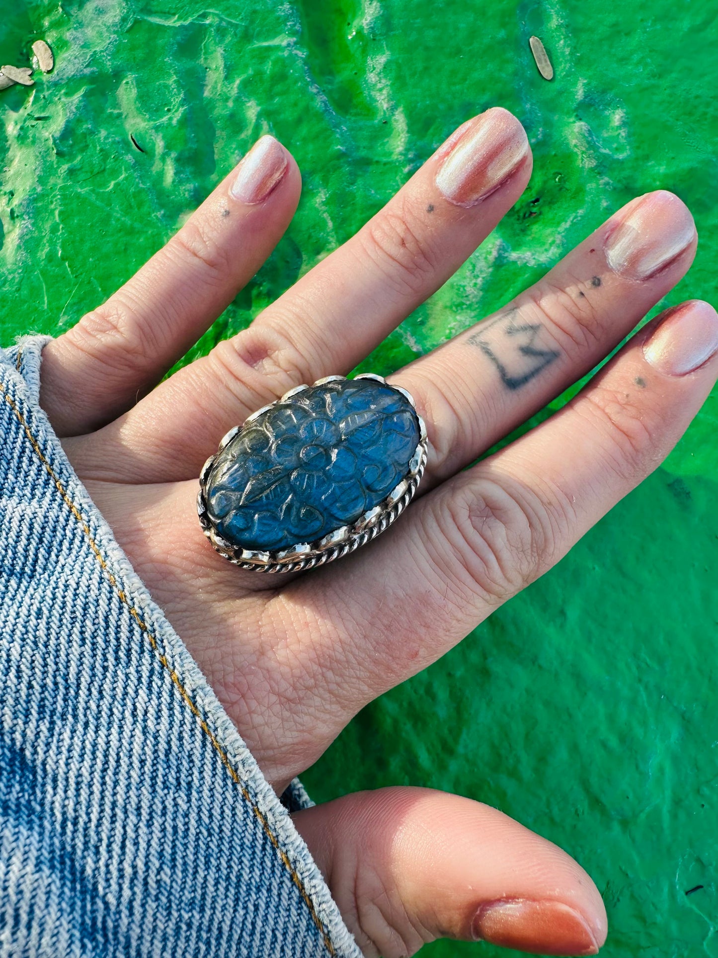 Labradorite Oval Carved Silver Ring