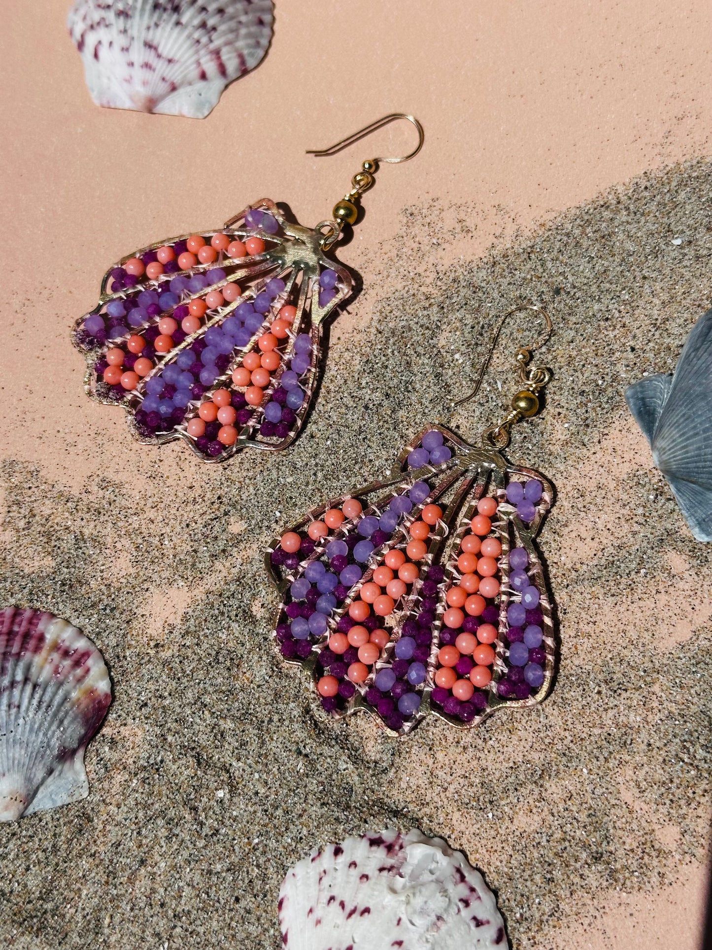 Beaded Ruby and Coral Sea Shell Earrings