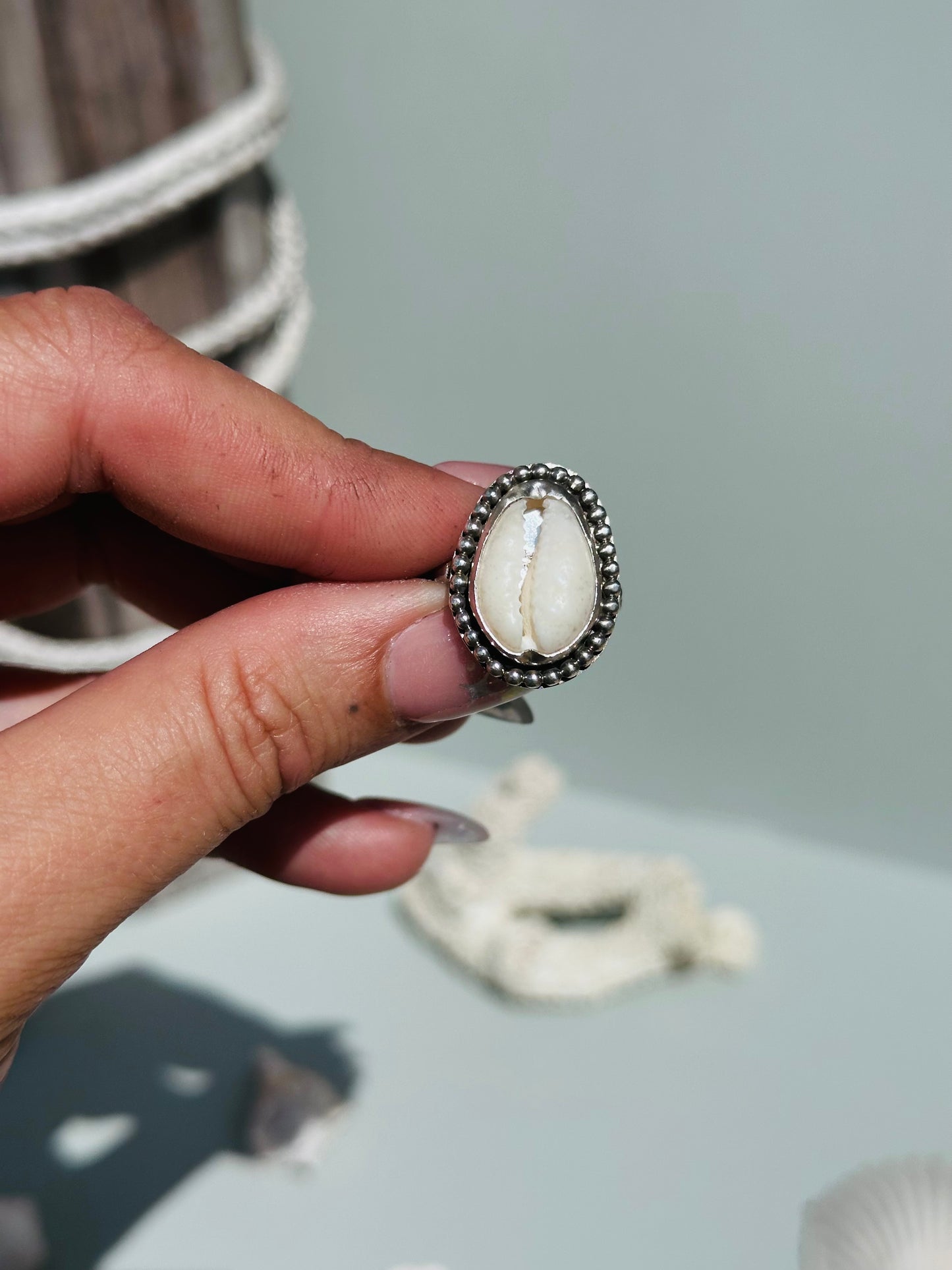 Boho Cowrie Sun Stamped Ring size 7.5
