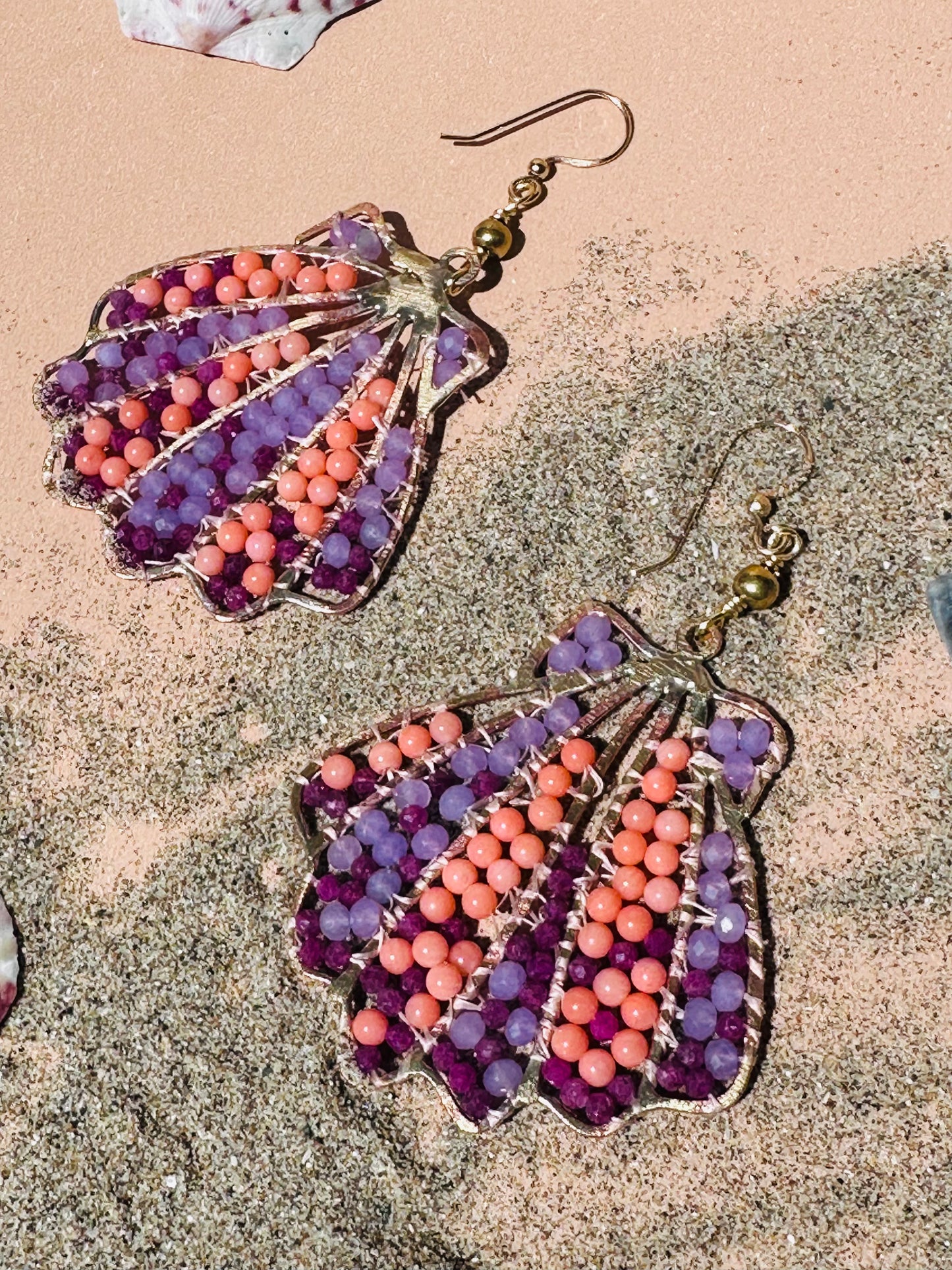 Beaded Ruby and Coral Sea Shell Earrings