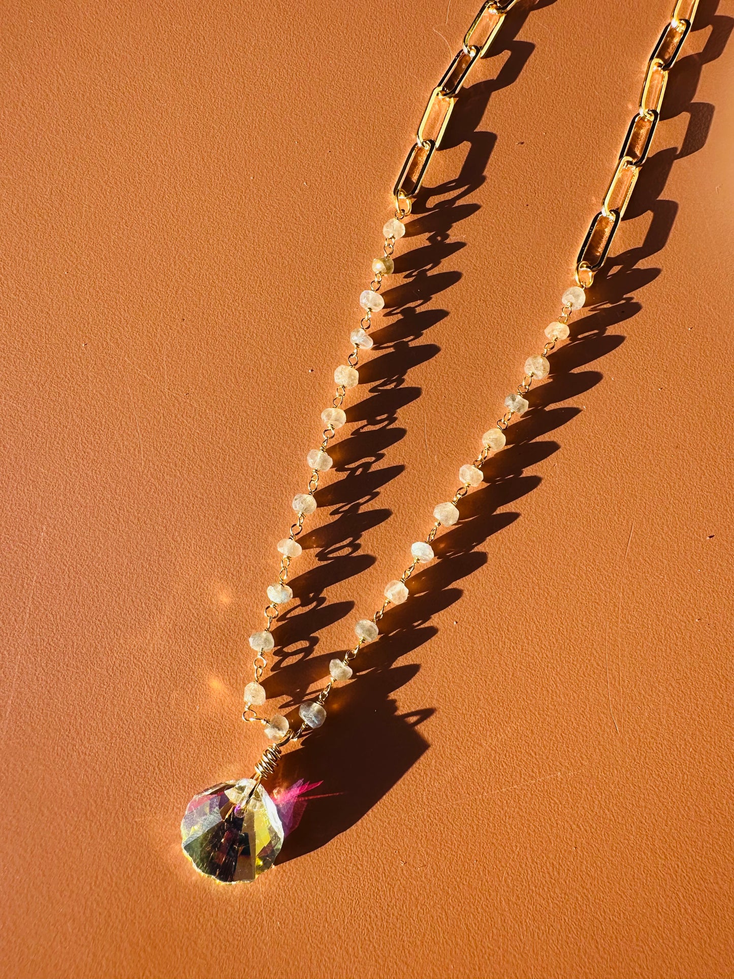 Crystal Shell Labradorite and Gold Paperclip Chain Necklace
