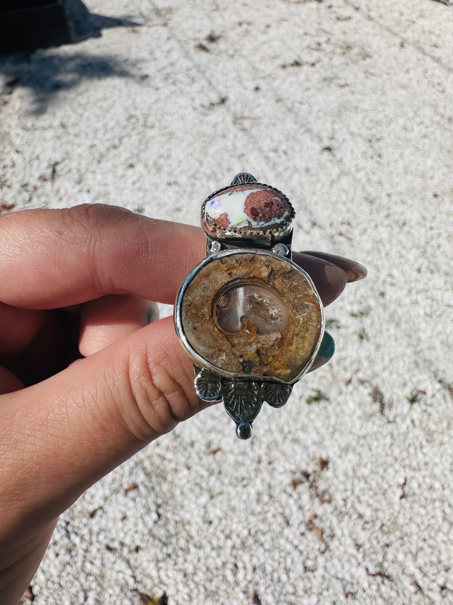 Boho Sterling Silver Statement Ring with Fossilized Druzy & Mexican Opal – Size 7