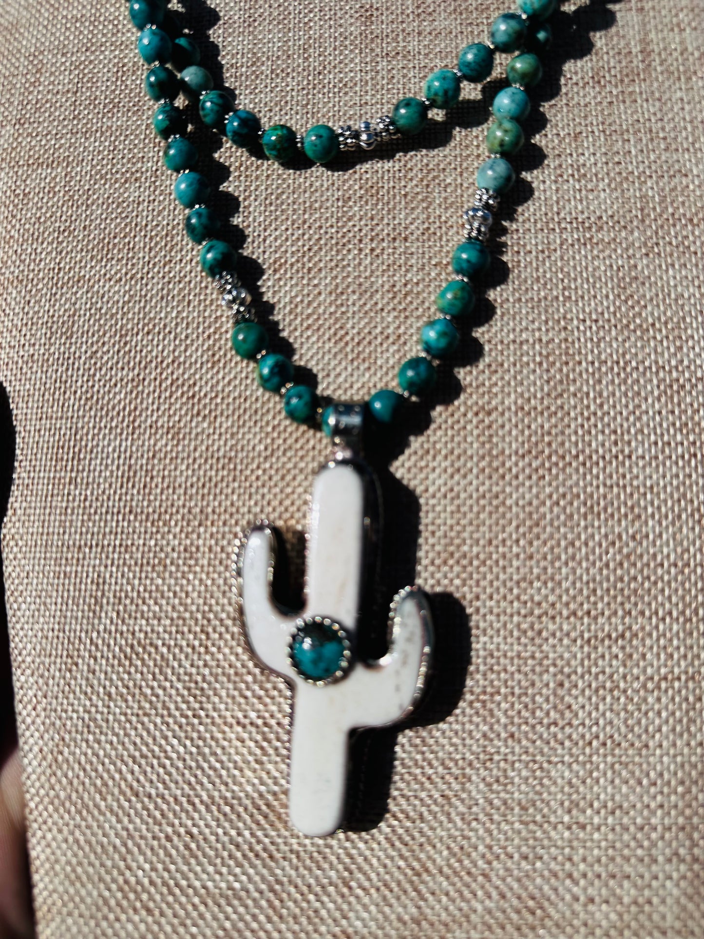 Buffalo Bone and Turquoise Cactus Pendant