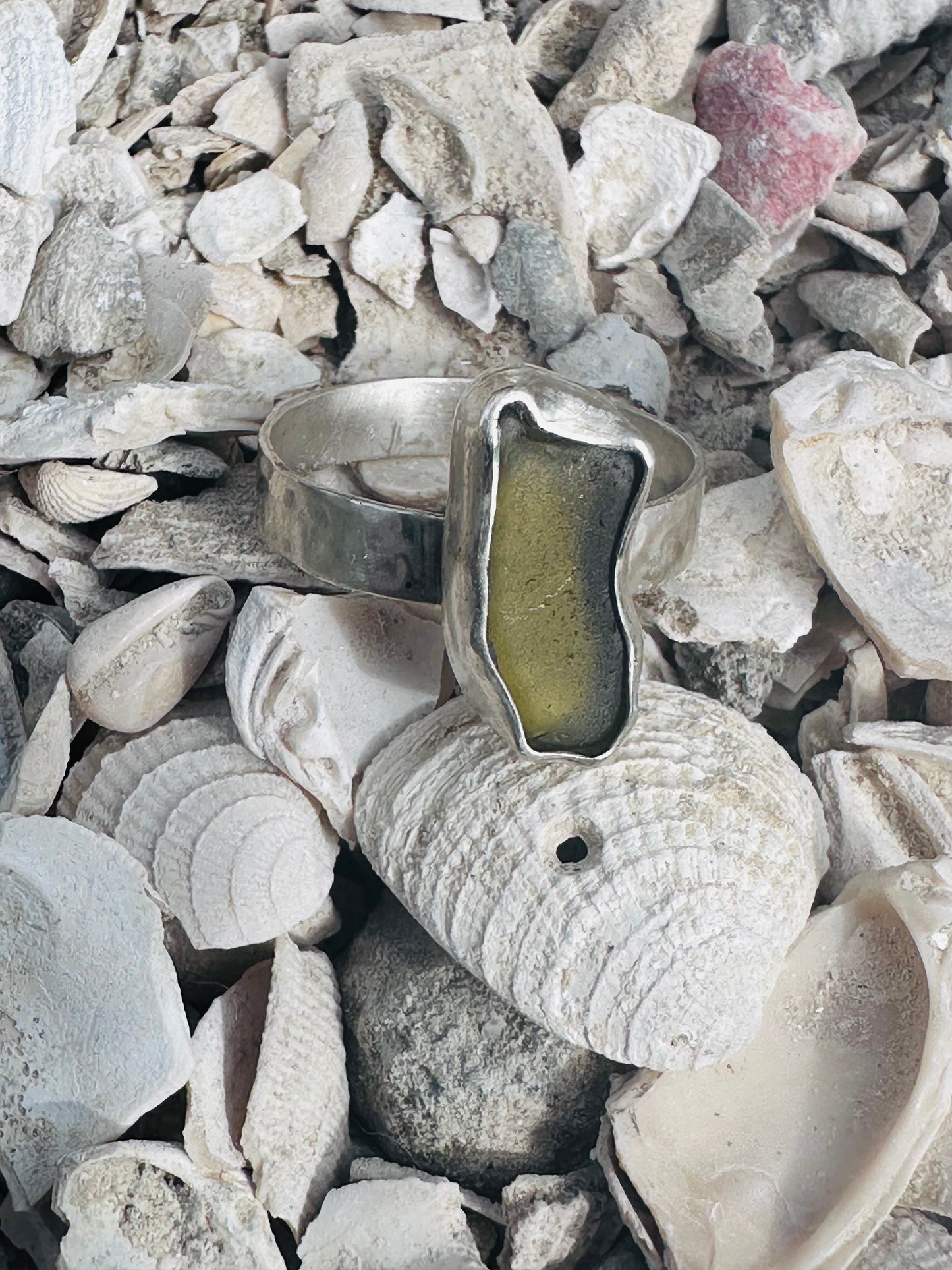 Green Sea Glass Hammered Band Ring