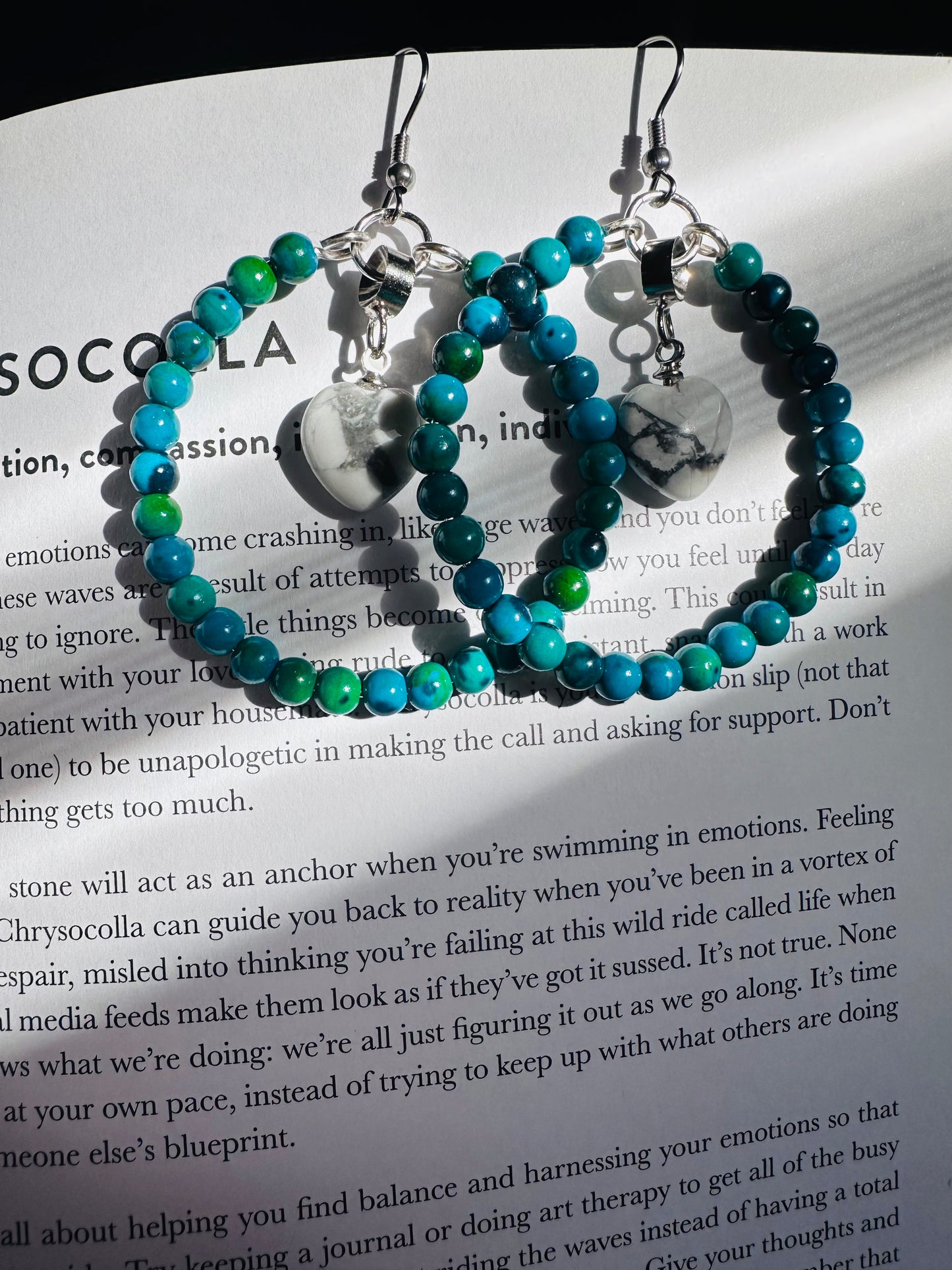 Chrysocolla and Howlite Heart Hoops