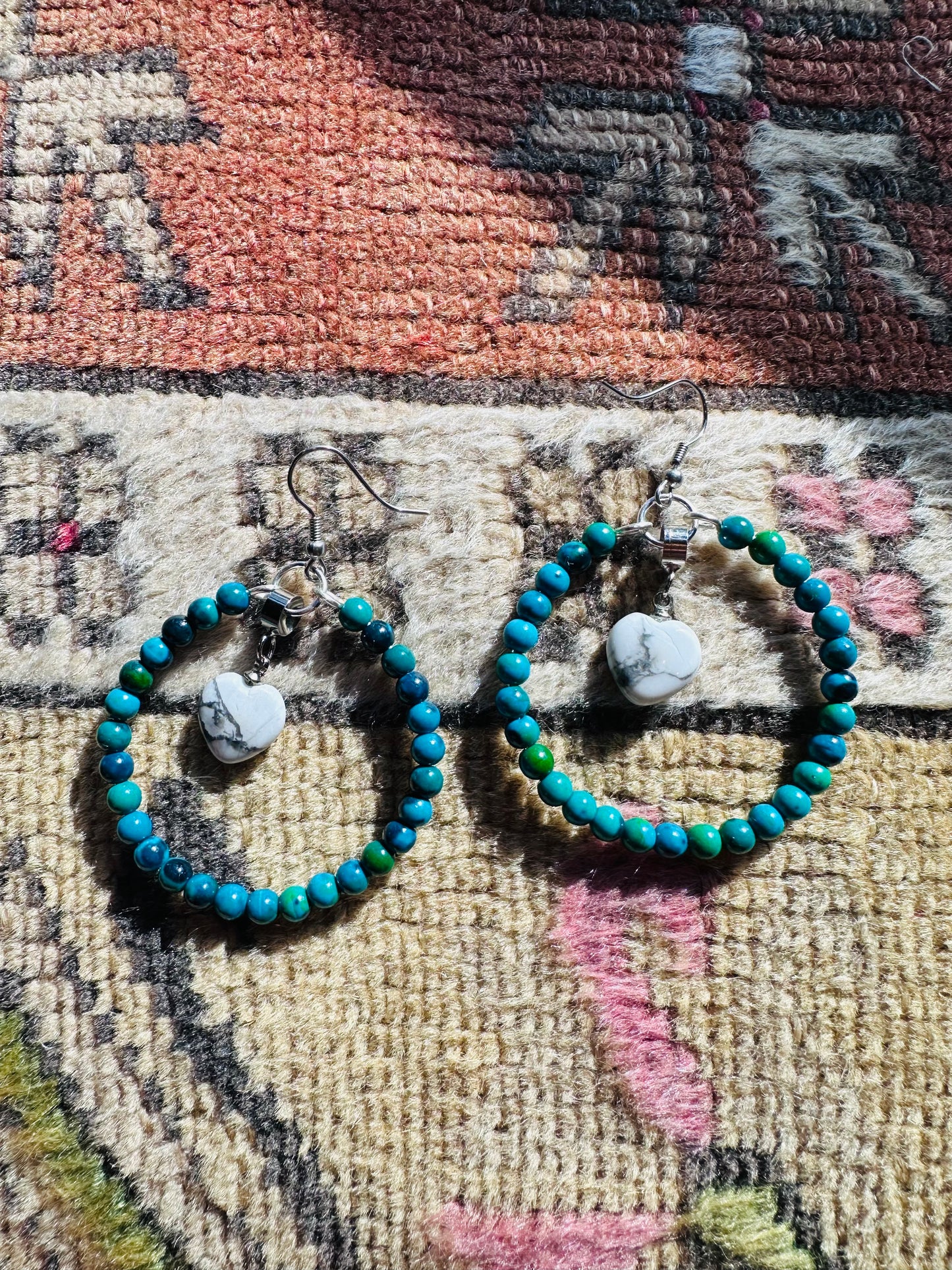 Chrysocolla and Howlite Heart Hoops