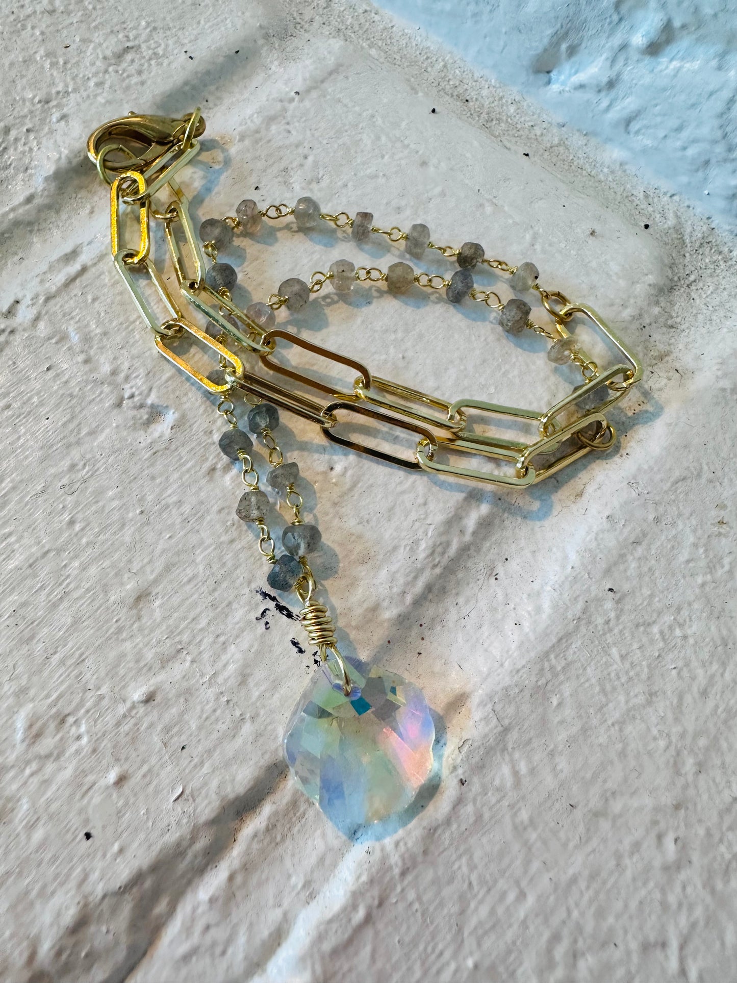 Crystal Shell Labradorite and Gold Paperclip Chain Necklace