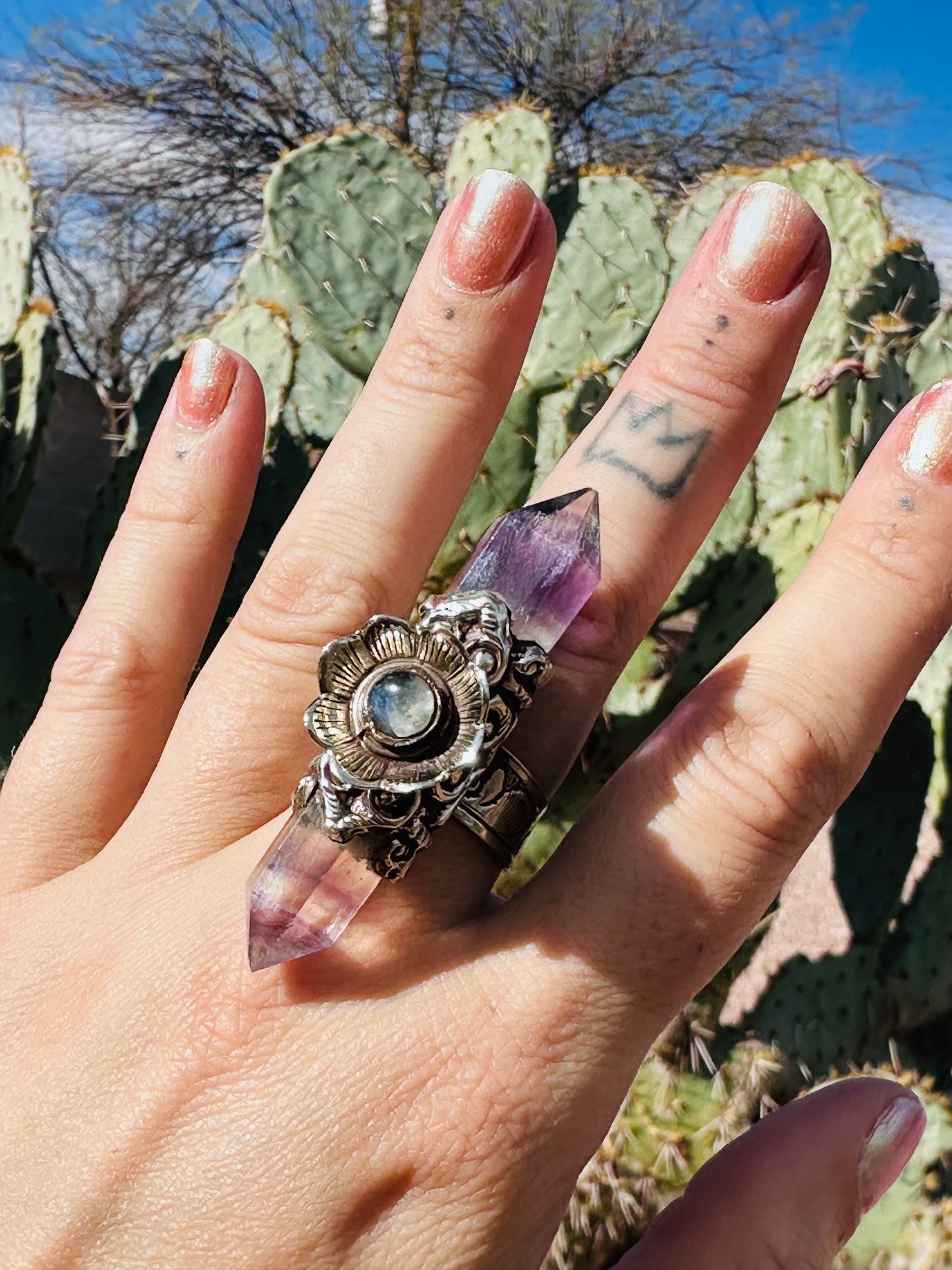 Fluorite & Labradorite Double Point Ring