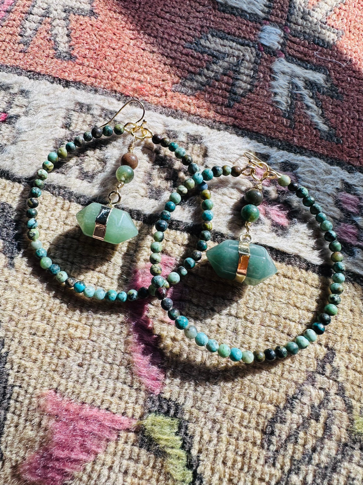 Large Turquoise and Terminated Aventurine Hoops