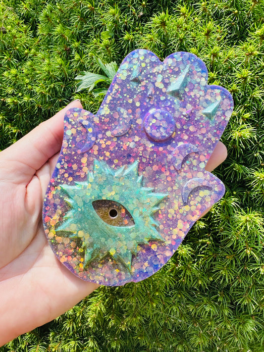 Purple and Green Glittery Hamsa Incense Burner