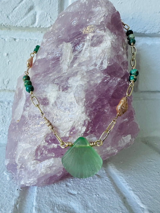 Sea glass shell with Turquoise and Freshwater Pearls Necklace