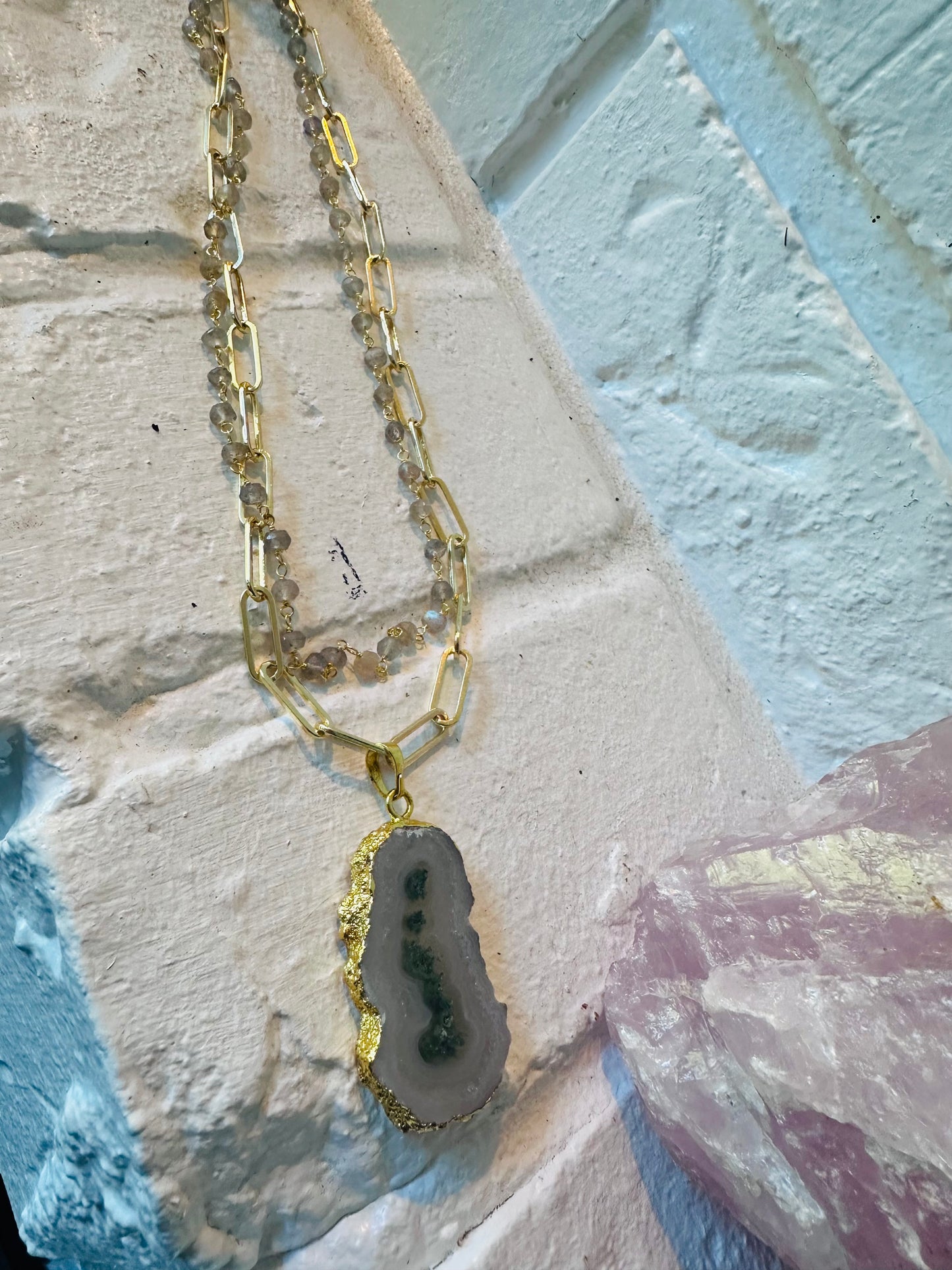 Labradorite and Gold Paperclip Necklace with Agate Pendant