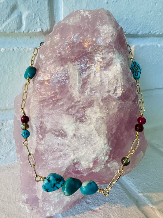 Turquoise, Agate and Labradorite Paperclip Chain Necklace