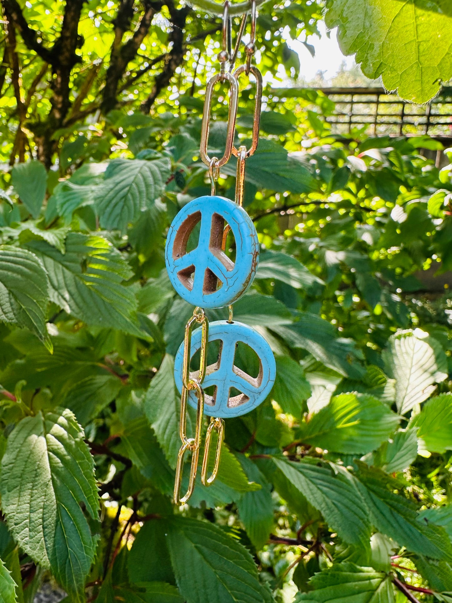 Peace Sign Gold Paper Clip Chain Earrings